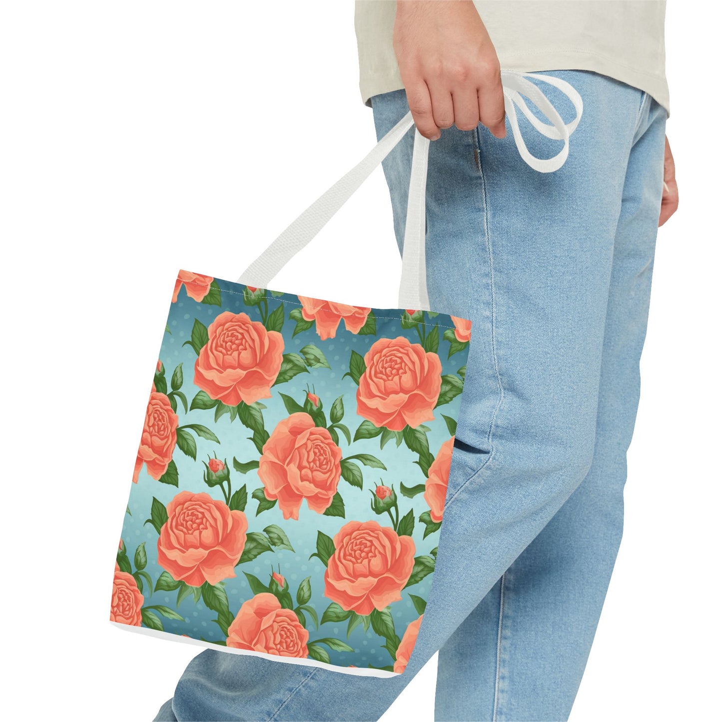 Vintage Floral Tote Bag – Coral Rose Pattern on Blue Background – Aesthetic Everyday Carry Bag – Reusable Fabric Market Tote Gift