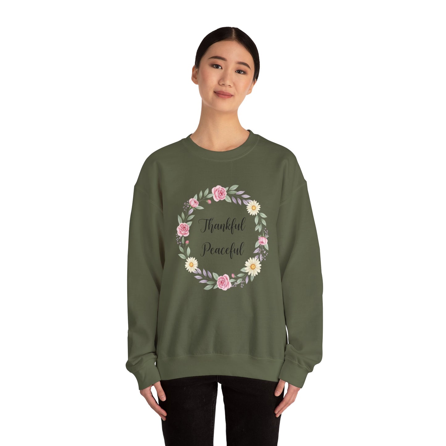 Thankful Peaceful Sweatshirt, Floral Wreath Crewneck, Inspirational Quote Sweater, Positive Message Pullover, Uplifting Gift For Women
