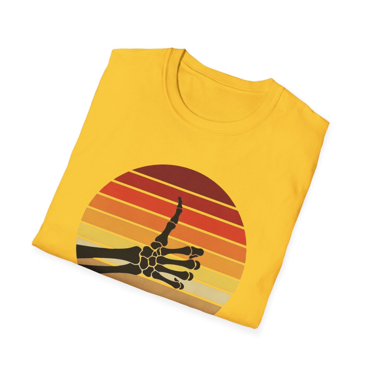 Skeleton Hand Rock On Shirt - Retro Sunset Halloween T-Shirt, Spooky Skeleton Finger Tee, Vintage 70s Style Goth Shirt, Unisex Sizes