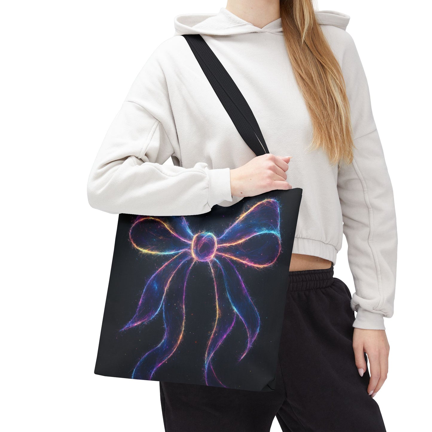 Galaxy Glow Bow Tote Bag, Cosmic Neon Ribbon Design, Black Space Art Bag, Celestial Gift For Her, Stylish Reusable Everyday Tote