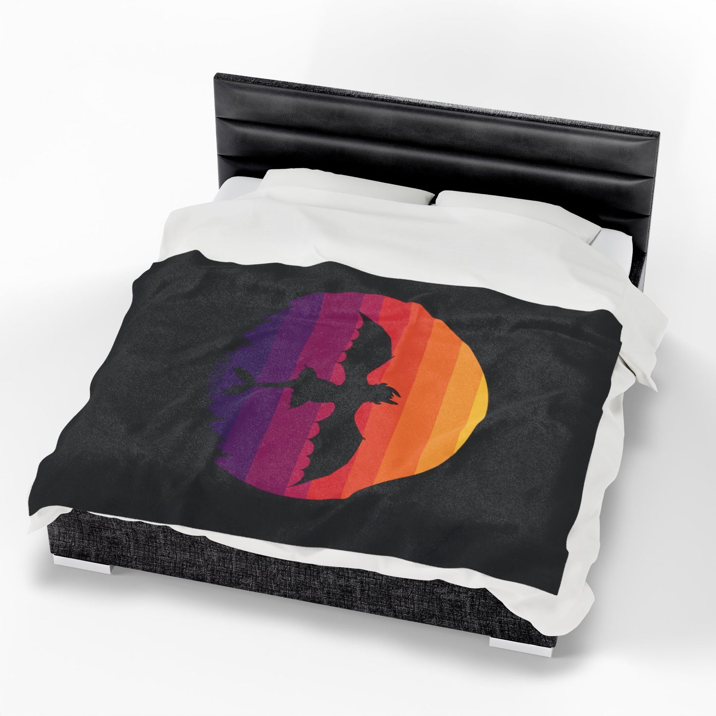 Dragon Sunset Blanket - Retro Dragon Fleece Throw - Fantasy Bedding Gift - Cool Gamer Blanket - Dragon Decor - Cozy Bed Cover for Fans