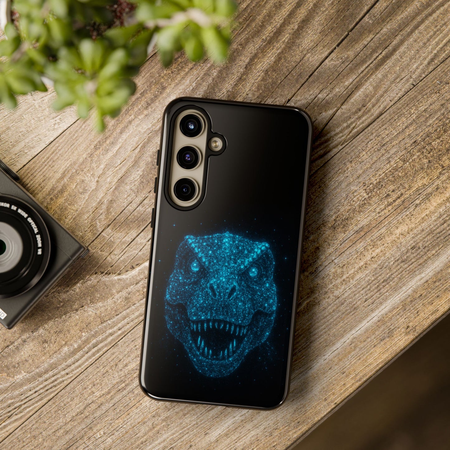 Bioluminescent T-Rex Samsung Case - Galaxy Tough Dual-Layer Cover, Cosmic Dino Particle Design, S25 S24 S23 Gift