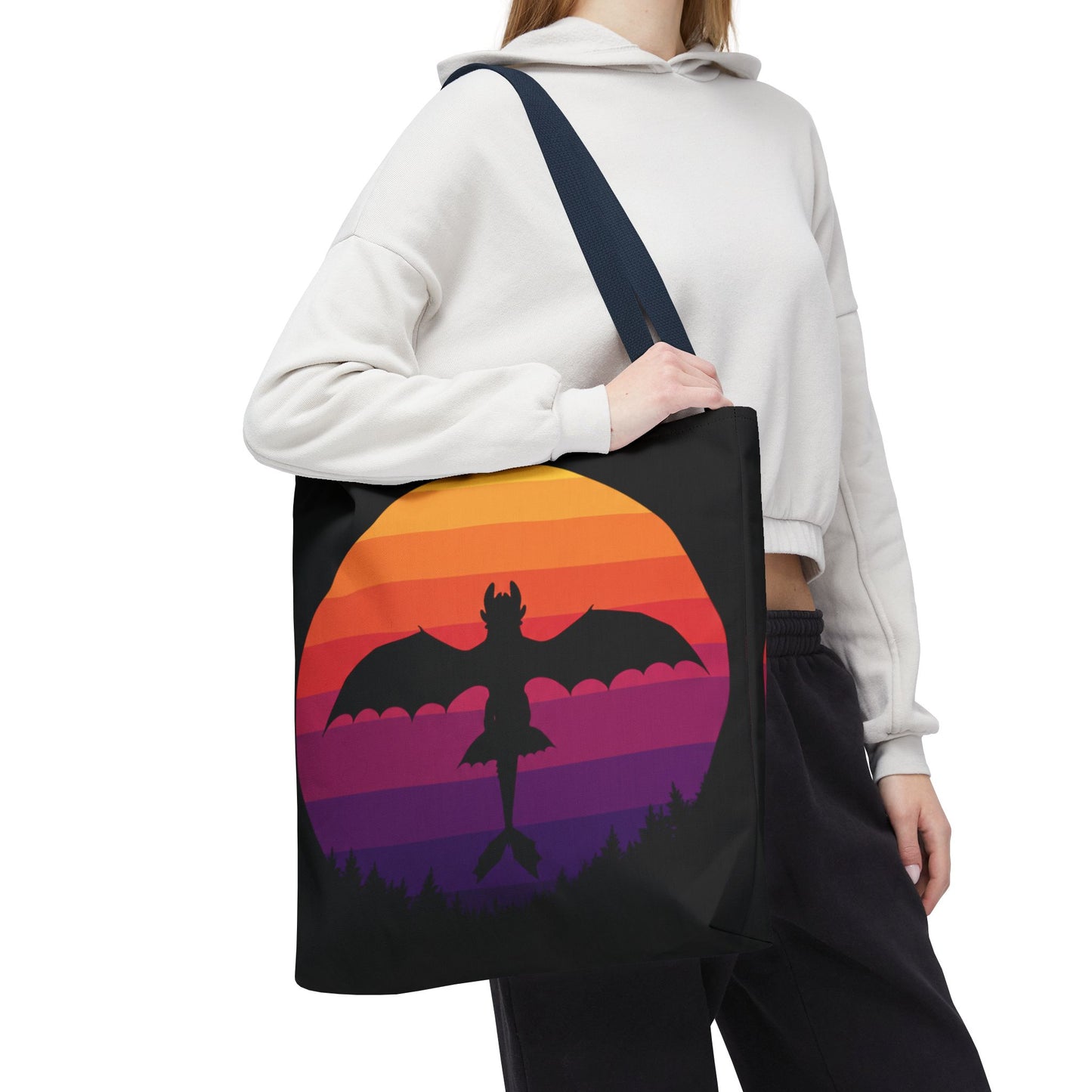 Sunset Dragon Flight Tote Bag, Reusable Eco-Friendly Shoulder Bag With Silhouette Design, Aesthetic Black Tote For Everyday Use And Gifts
