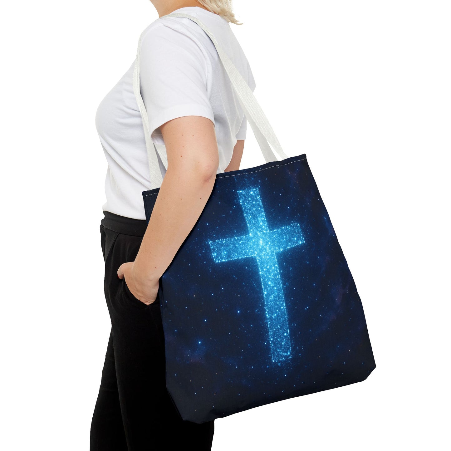 Sparkling Cross Tote Bag - Inspirational Blue Cosmic Bag Christian Tote Spiritual Bag Inspirational Tote Bag