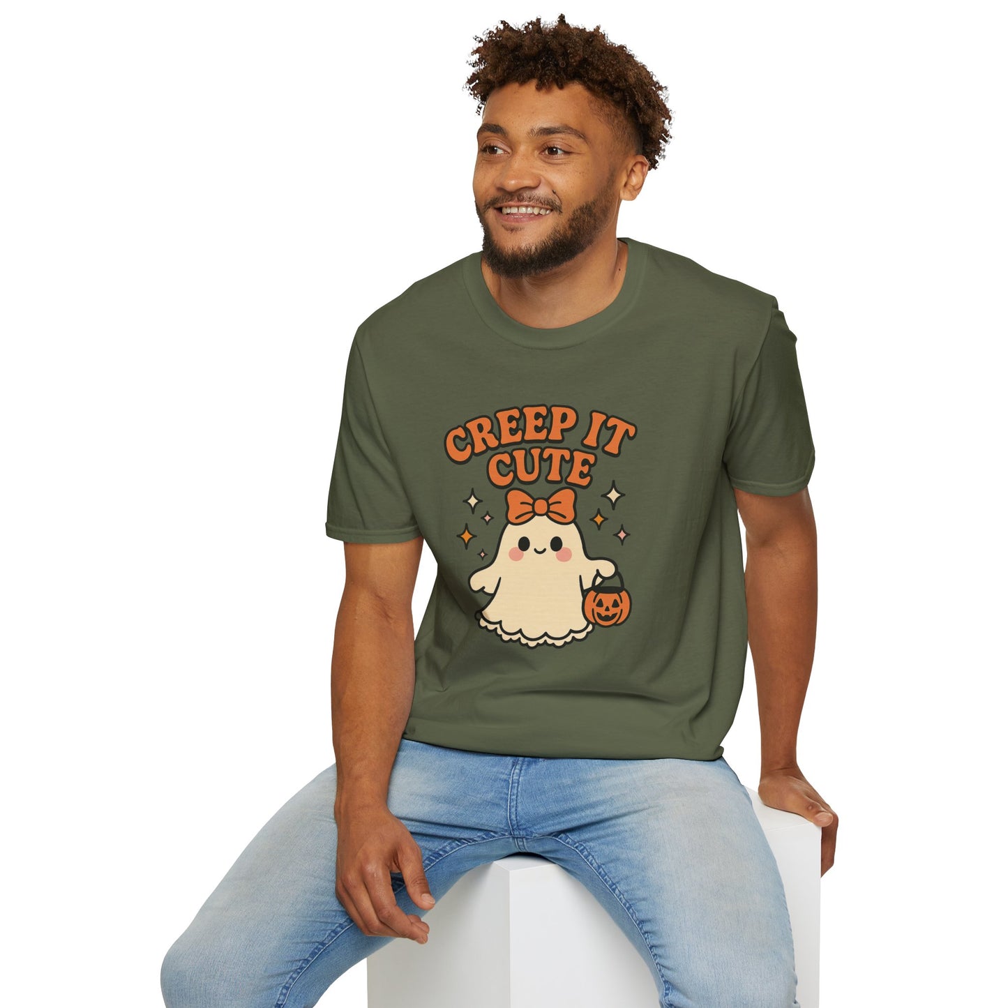 Creep It Cute Ghost Halloween Shirt - Kawaii Ghost Tee with Bow and Pumpkin, Spooky-Cute Fall Graphic T-Shirt, Spooky Season Halloween Top