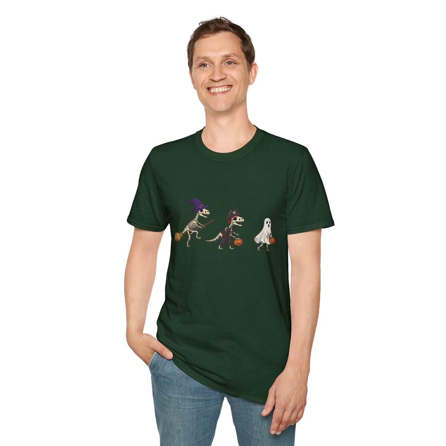 Halloween Dinosaur Skeleton Shirt - Trick-or-Treat Dino Tee, Funny T-Rex Ghost and Witch Costume Shirt, Spooky Cute Skeleton Tee, Unisex