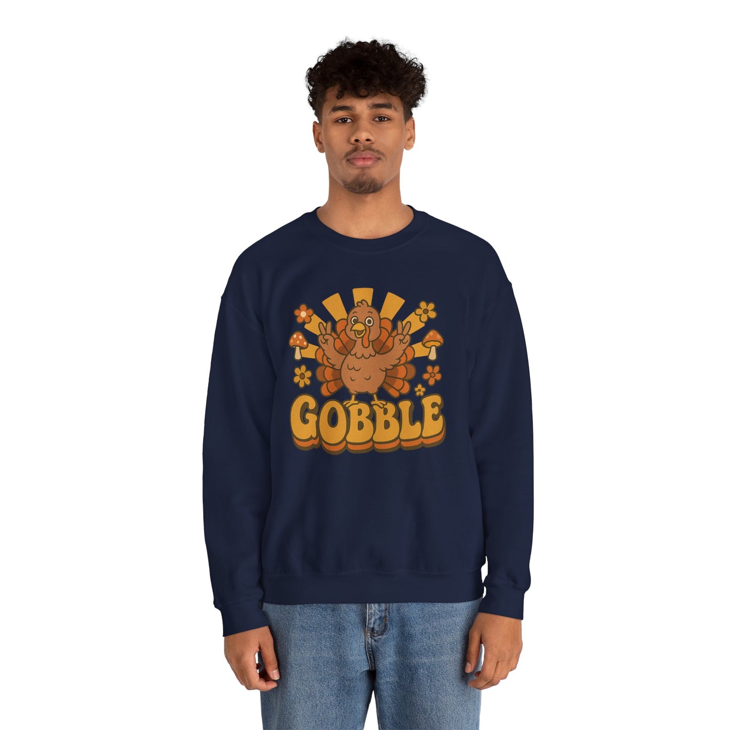 Gobble Turkey Sweatshirt, Retro Fall Turkey Crewneck, Thanksgiving Graphic Pullover, Autumn Mushroom & Flower Design, Cozy Fall Top