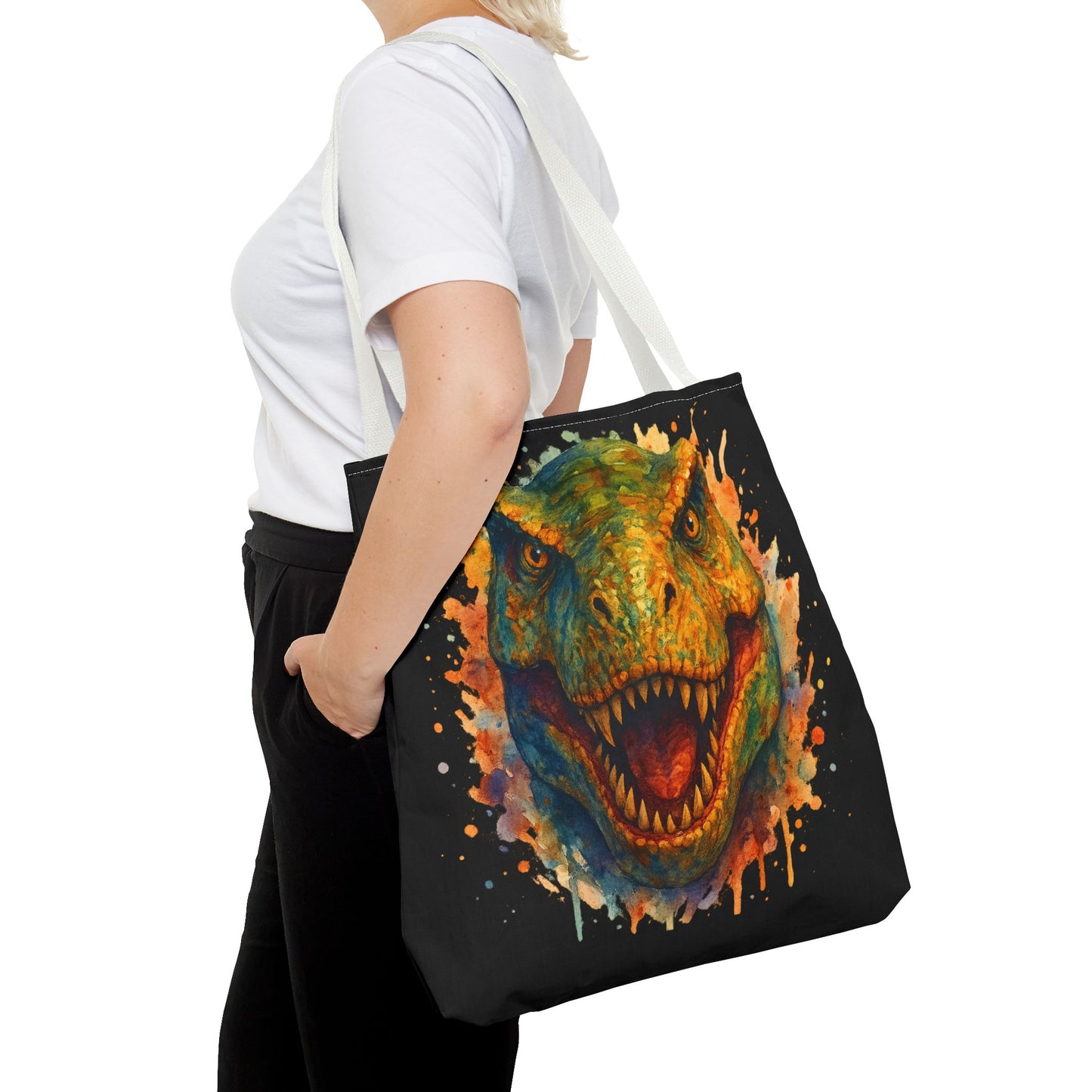 T-Rex Watercolor Tote Bag - 100% Polyester Canvas, Vibrant Dinosaur Art Bag, Reusable Beach-Market Tote, Dino Lover Gift, Bold Style