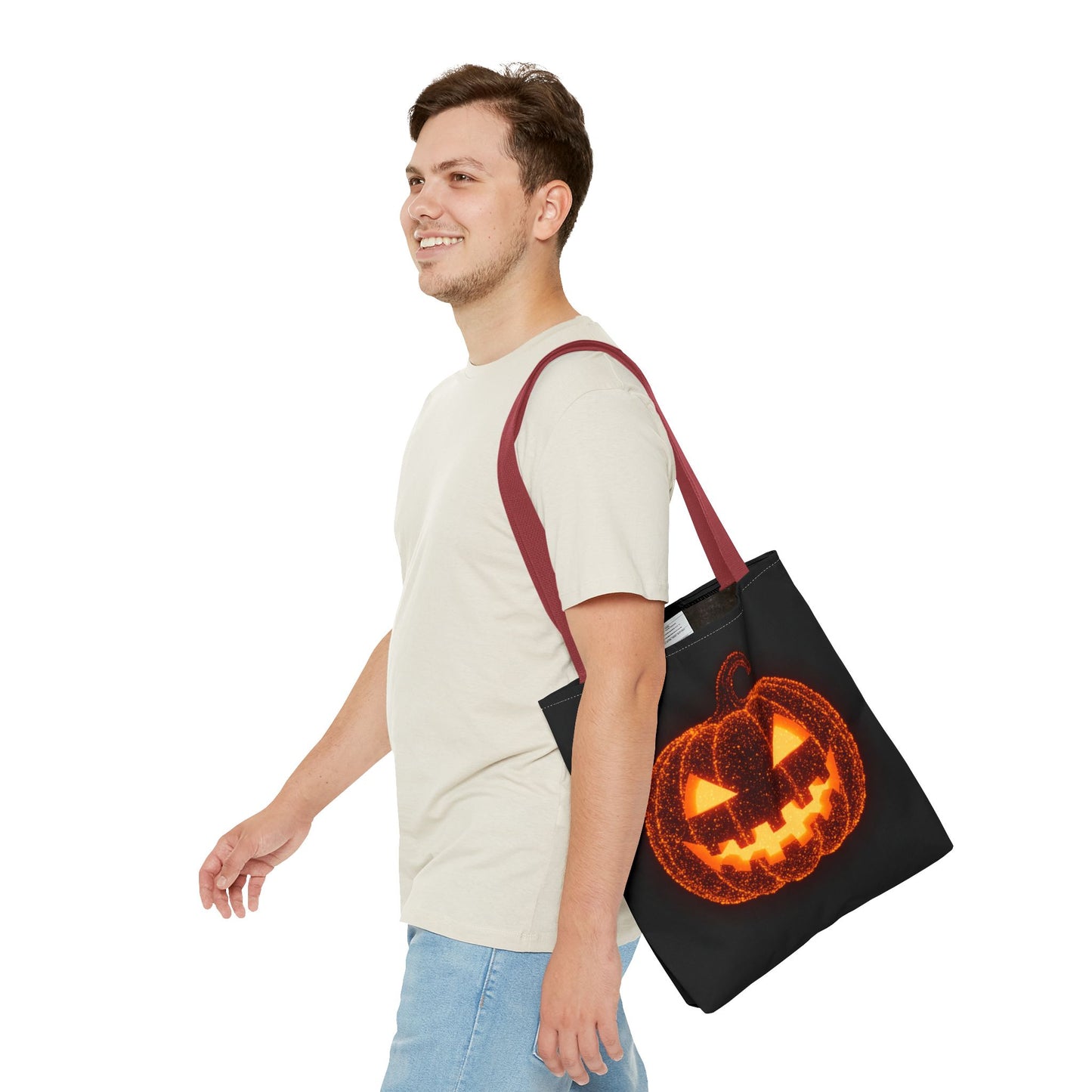 Glowing Pumpkin Tote Bag, Jack O Lantern Halloween Canvas Tote, Spooky Trick Or Treat Bag, Reusable Pumpkin Design Tote, Halloween Gift Bag