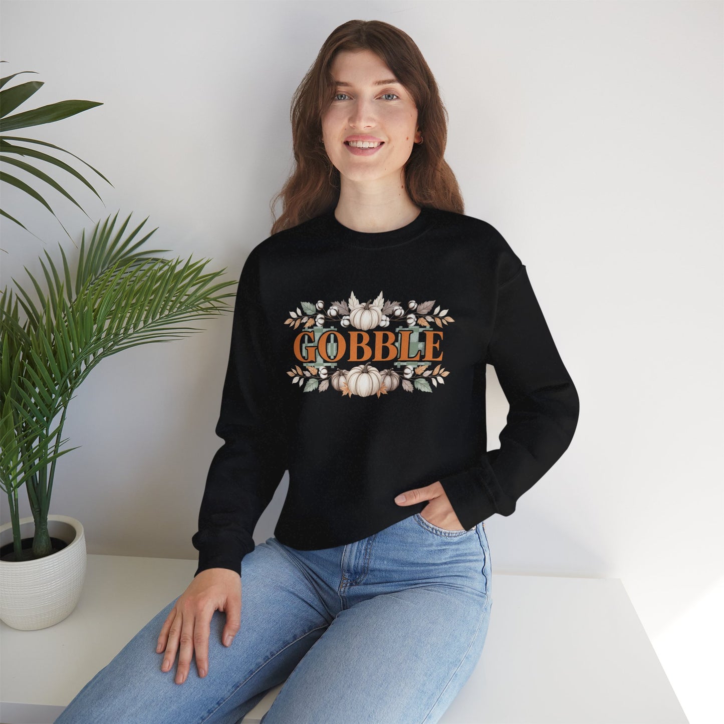 Gobble Thanksgiving Sweatshirt, Neutral Fall Pumpkin Crewneck, Autumn Cotton Stems Leaves Pullover, Cozy Rustic Thanksgiving Top