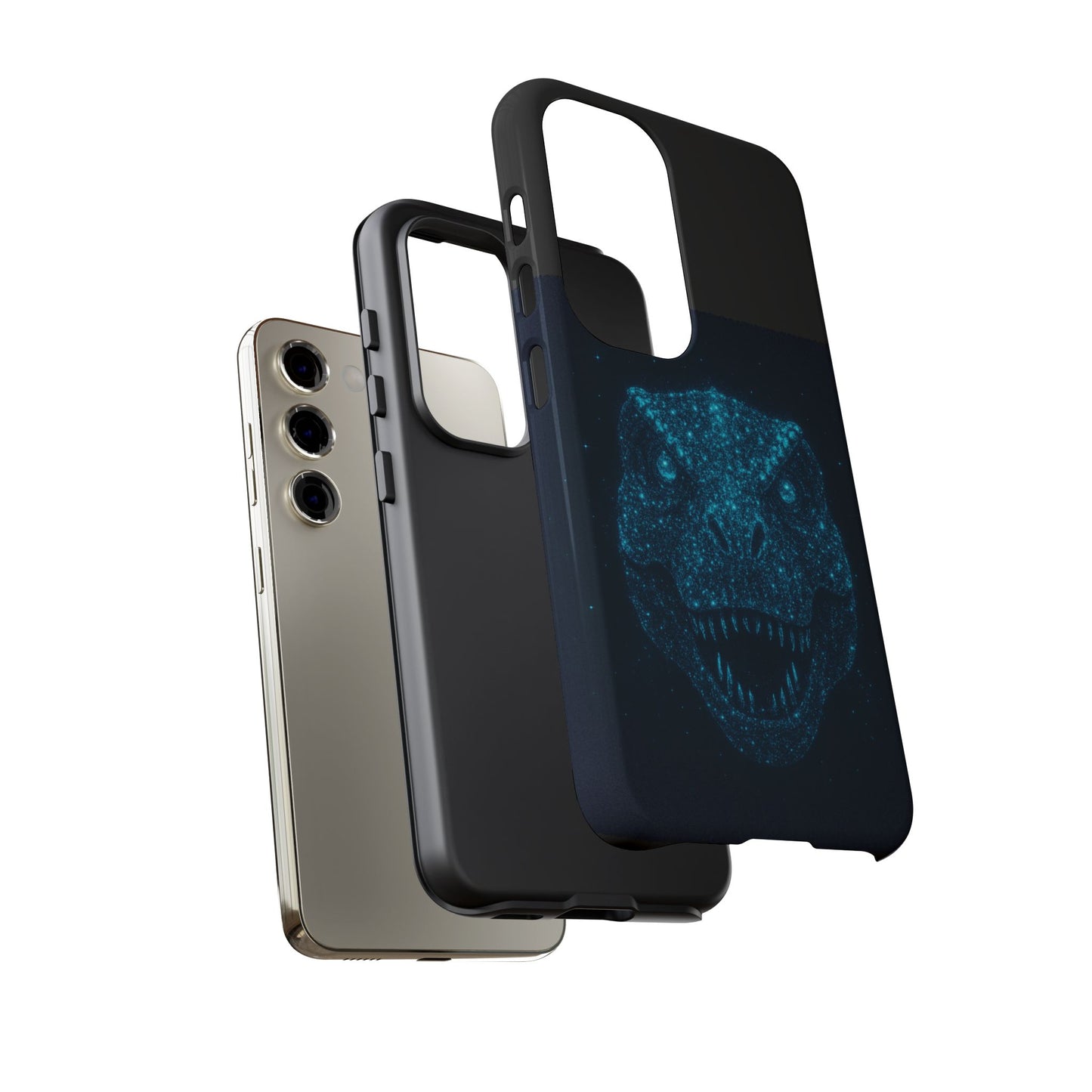 Bioluminescent T-Rex Samsung Case - Galaxy Tough Dual-Layer Cover, Cosmic Dino Particle Design, S25 S24 S23 Gift