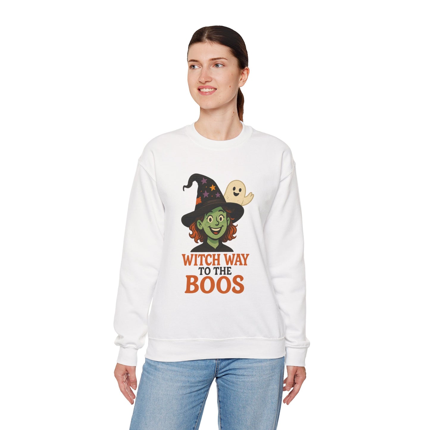 Witch Way To The Boos Sweatshirt, Funny Witch Halloween Crewneck, Witchy Ghost Sweatshirt, Spooky Season Graphic Pullover, Lighthearted Halloween Wear