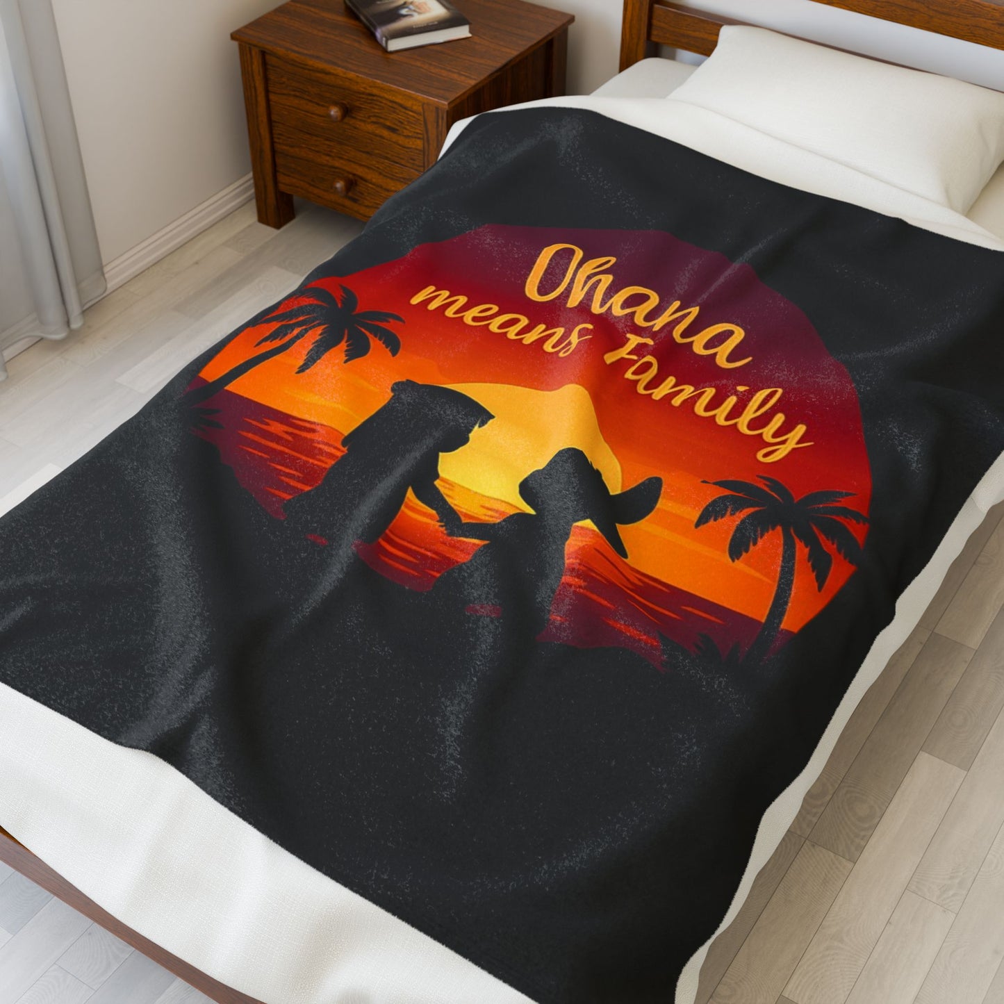 Ohana Means Family Blanket – Hawaiian Sunset Throw, Tropical Bedding, Stitch-Inspired Gift