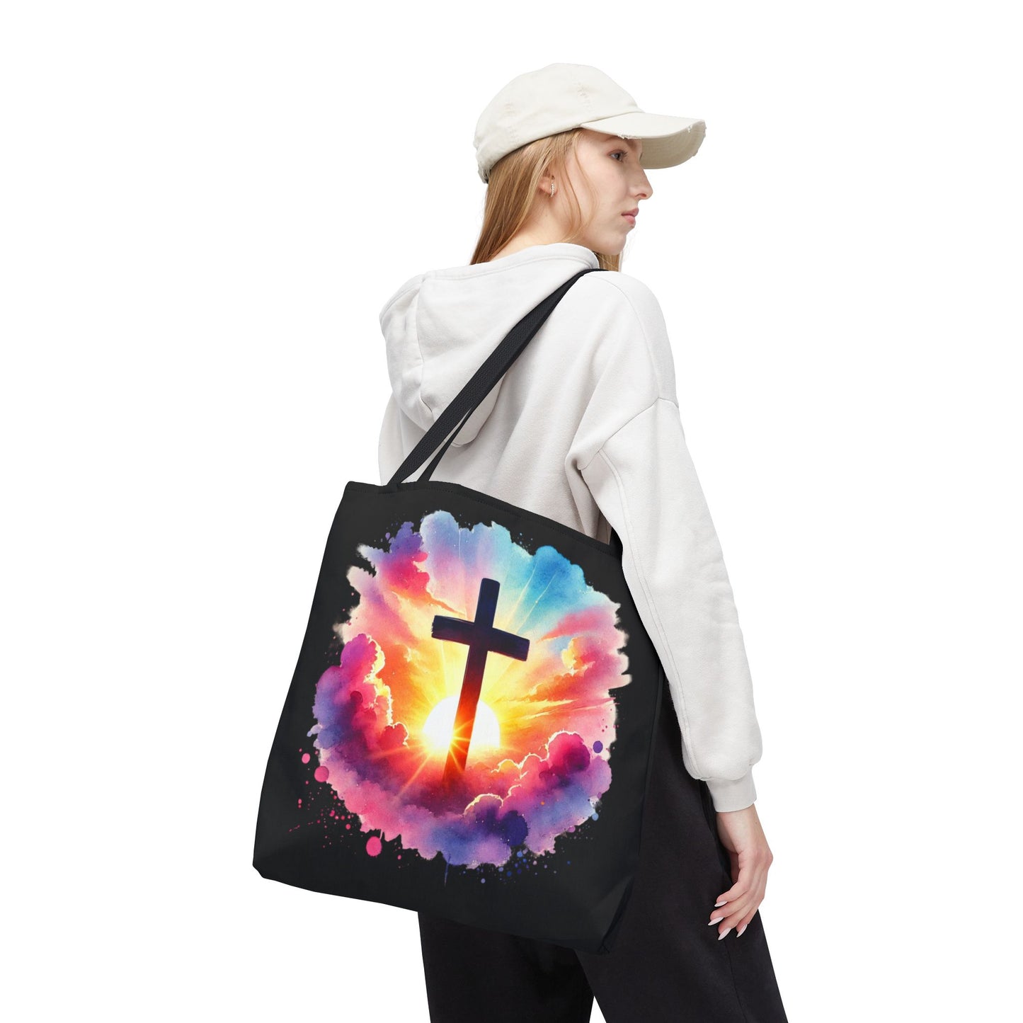 Inspirational Watercolor Sunrise Cross Tote Bag – Faith Art Canvas Tote, Christian Gift, Spiritual Aesthetic, Colorful Bible Verse Tote – Reusable Black Tote