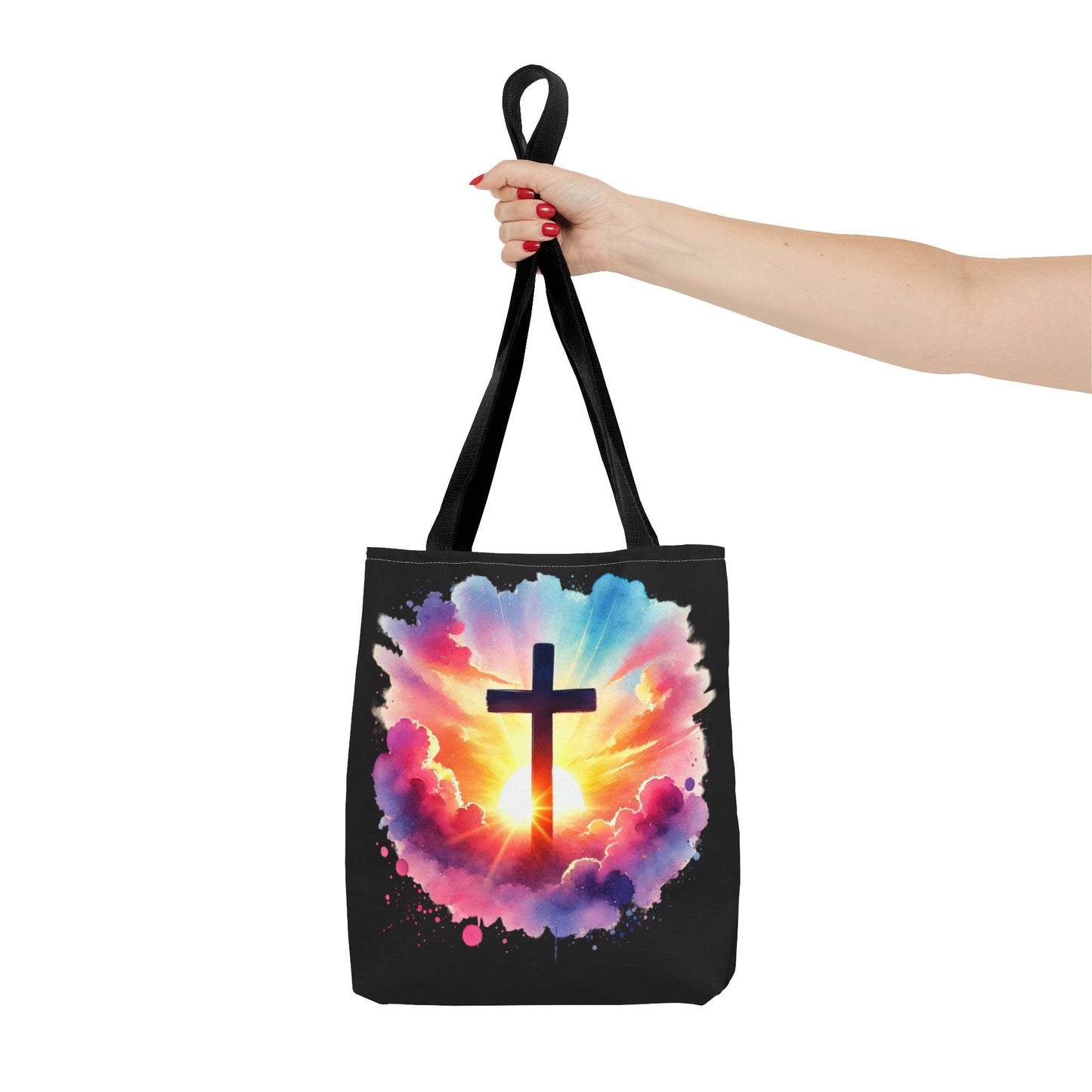 Inspirational Watercolor Sunrise Cross Tote Bag – Faith Art Canvas Tote, Christian Gift, Spiritual Aesthetic, Colorful Bible Verse Tote – Reusable Black Tote