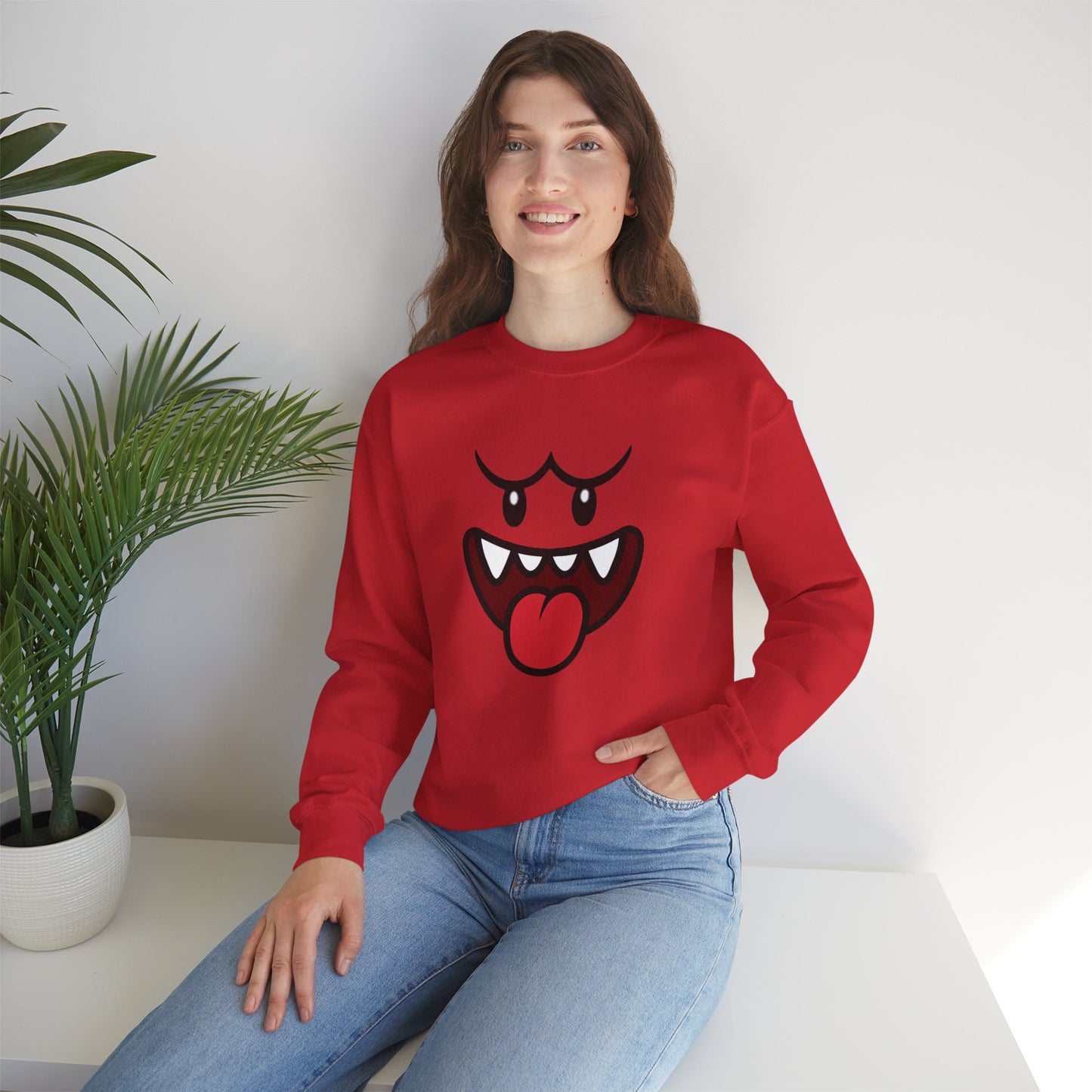 Spooky Grin Sweatshirt, Cartoon Ghost Face Crewneck, Halloween Grinning Ghost Sweatshirt, Cute Monster Smile Pullover, Spooky Season Graphic Sweat
