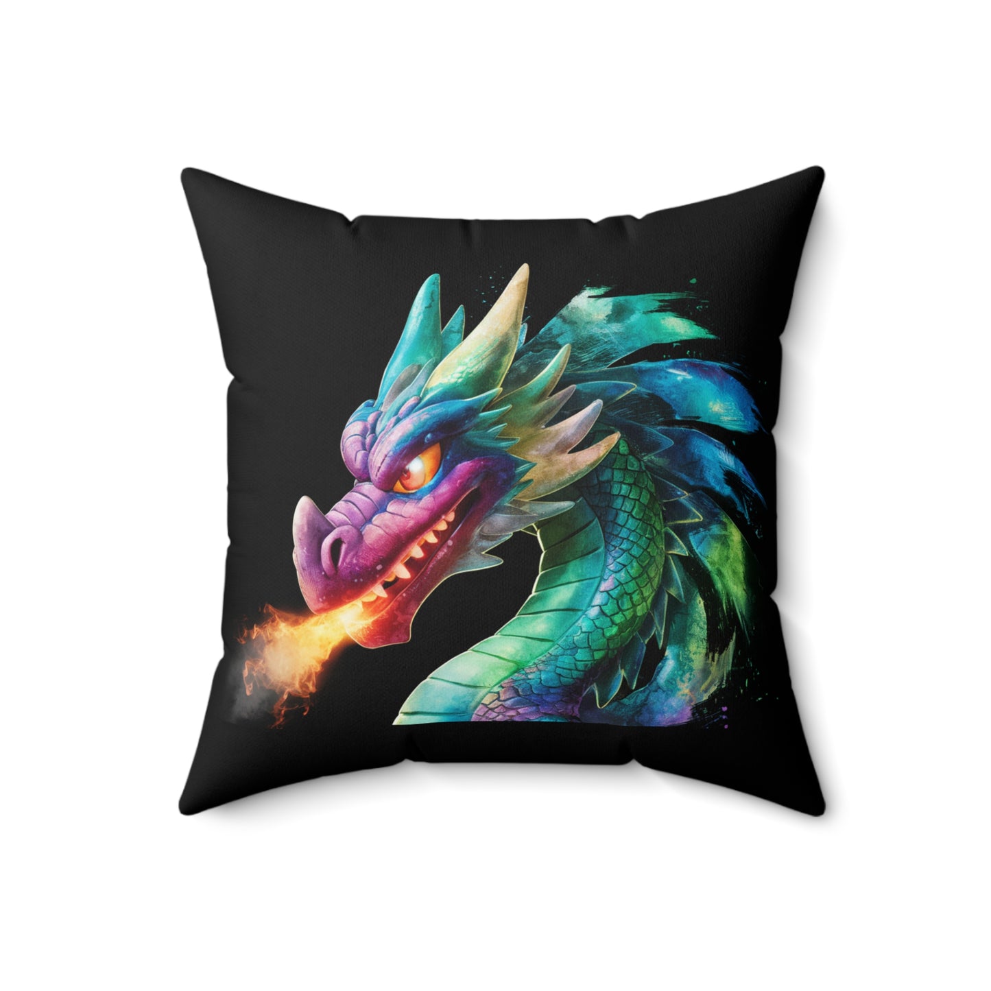 Colorful Fire Breathing Dragon Pillow | Fantasy Throw Pillow | Gamer Gift | Dragon Decor | Mythical Creature Cushion