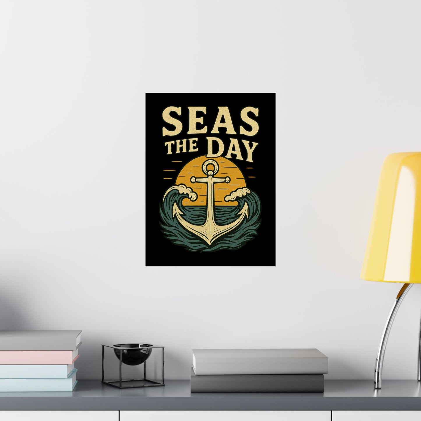 Poster - Seas the Day Anchor Sunset Design Nautical Decor Inspirational Reminder Beach Decoration