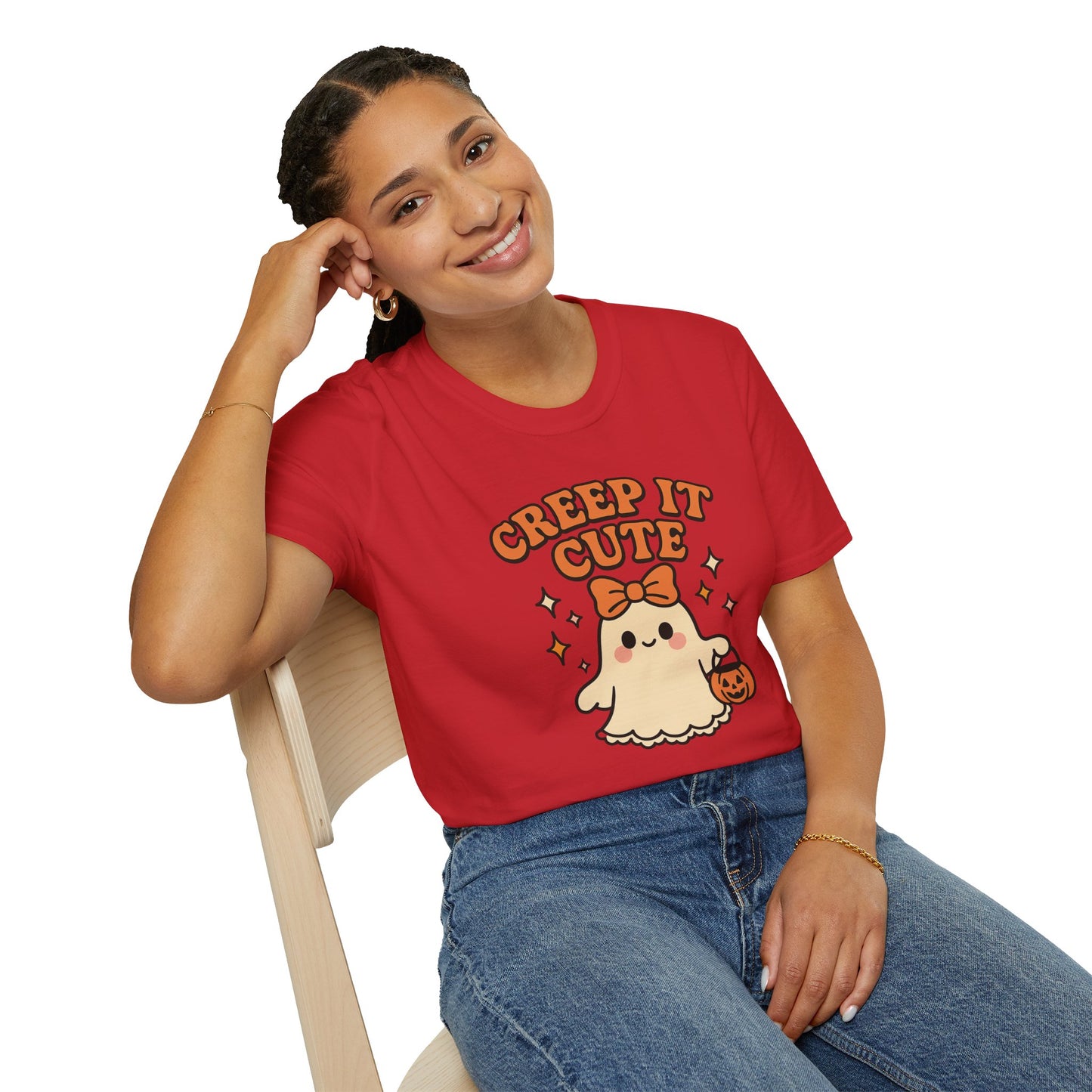 Creep It Cute Ghost Halloween Shirt - Kawaii Ghost Tee with Bow and Pumpkin, Spooky-Cute Fall Graphic T-Shirt, Spooky Season Halloween Top