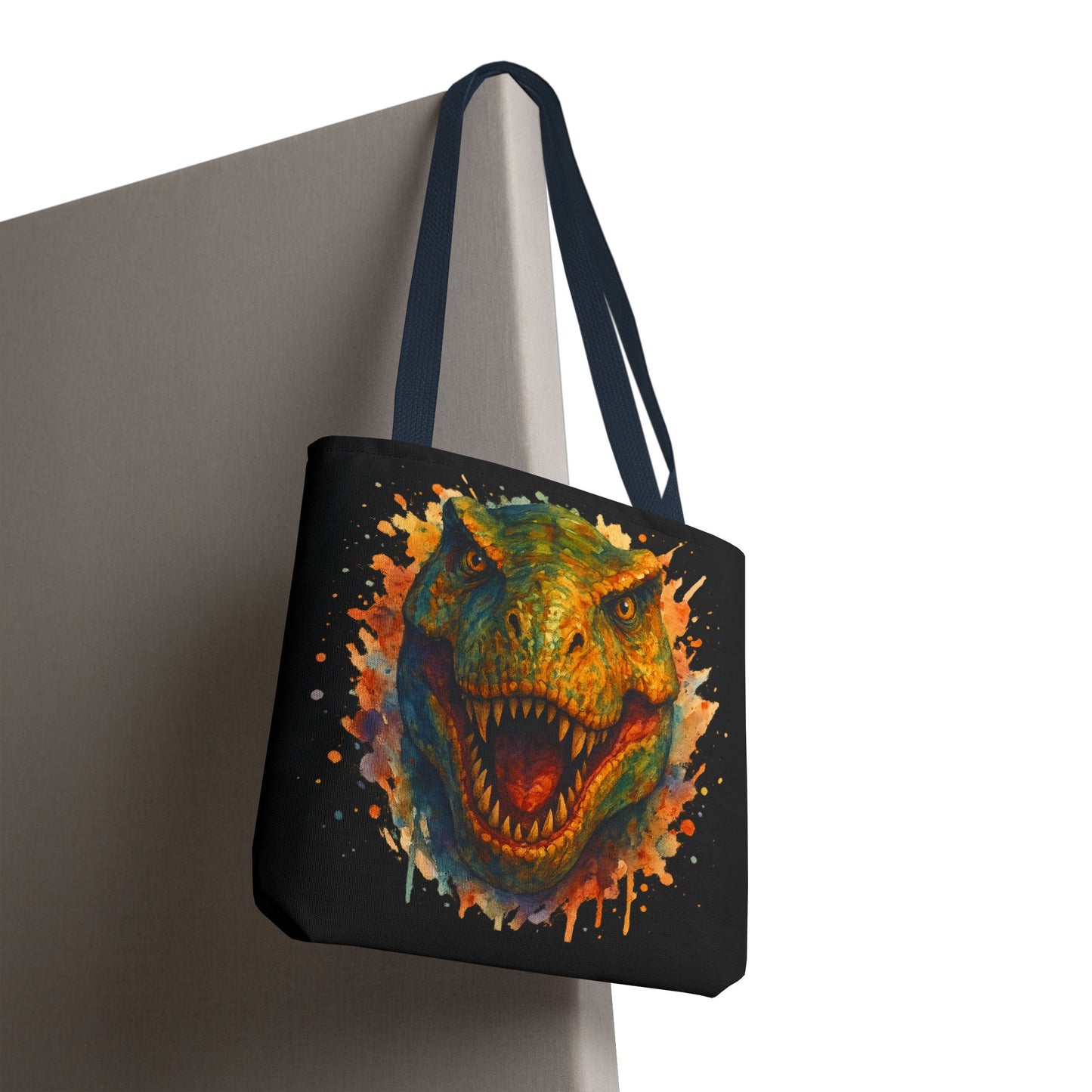 T-Rex Watercolor Tote Bag - 100% Polyester Canvas, Vibrant Dinosaur Art Bag, Reusable Beach-Market Tote, Dino Lover Gift, Bold Style