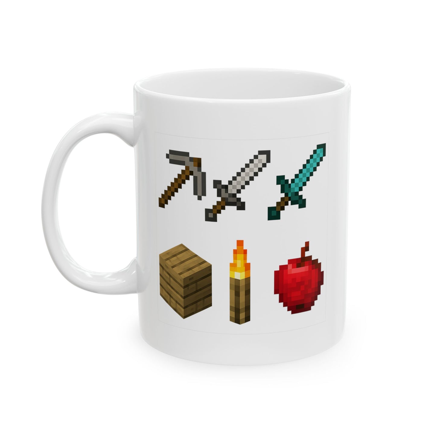 Pixel Survival Gamer Mug – Block Builder Adventure Coffee Cup with 8-Bit Tools, Swords, Torch & Apple | Funny Gaming Gift for Fans