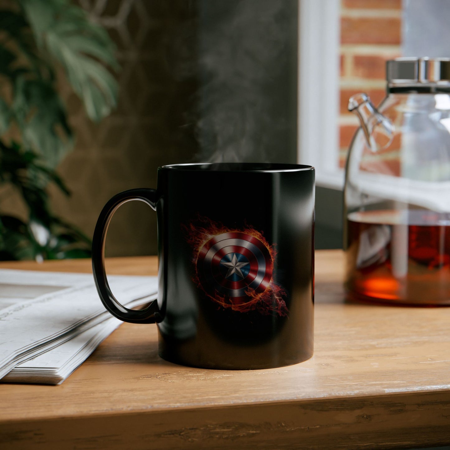 Flaming Shield Emblem Mug - Fiery Red White Blue Star Coffee Cup, Metal-Inspired Symbol Design, Bold Hero Vibes Gift for Fans and Coffee Lovers