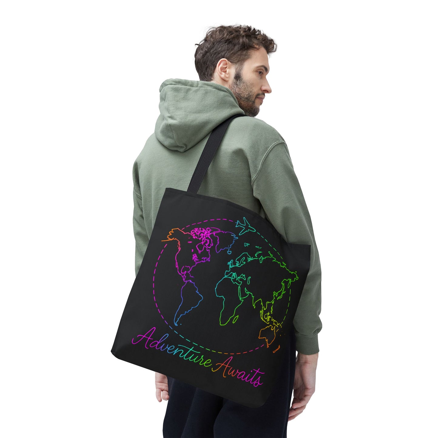 Adventure Awaits Neon Tote Bag - Y2K Rainbow World Map and Plane Travel Tote, Reusable Canvas Tote for Airport, Beach, Market + Gift