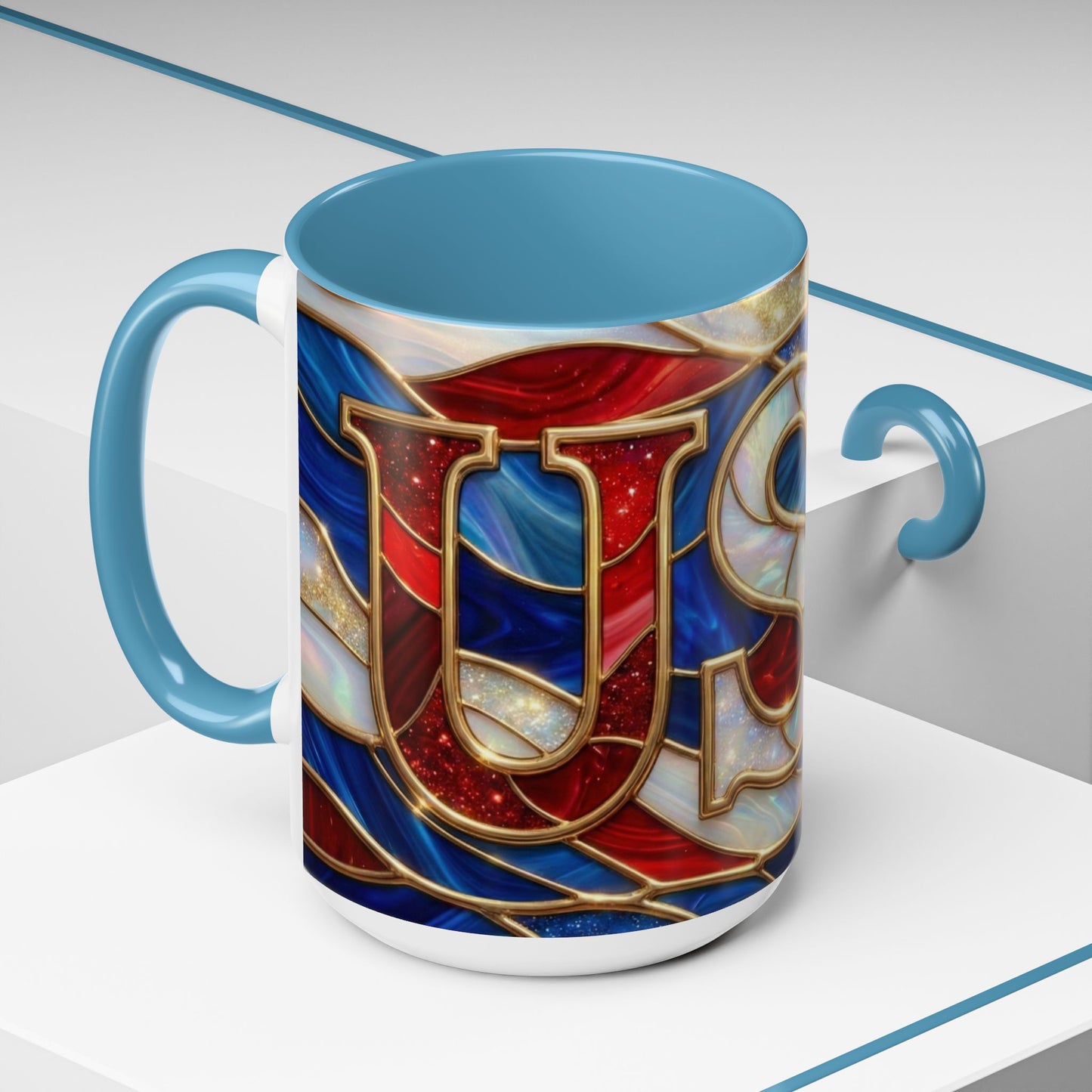 USA Patriotic Coffee Mug, Stained Glass USA Mug, Red White Blue Ceramic Mug, American Flag Style Mug, 11oz 15oz Mug