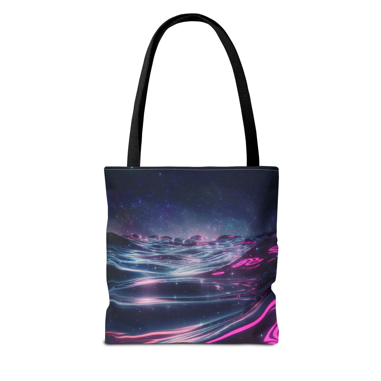 Neon Wave Horizon Tote Bag, Futuristic Ocean Design With Pink And Blue Light, Sci-Fi Aesthetic Reusable Tote For Travel, Gifts, And Everyday Use