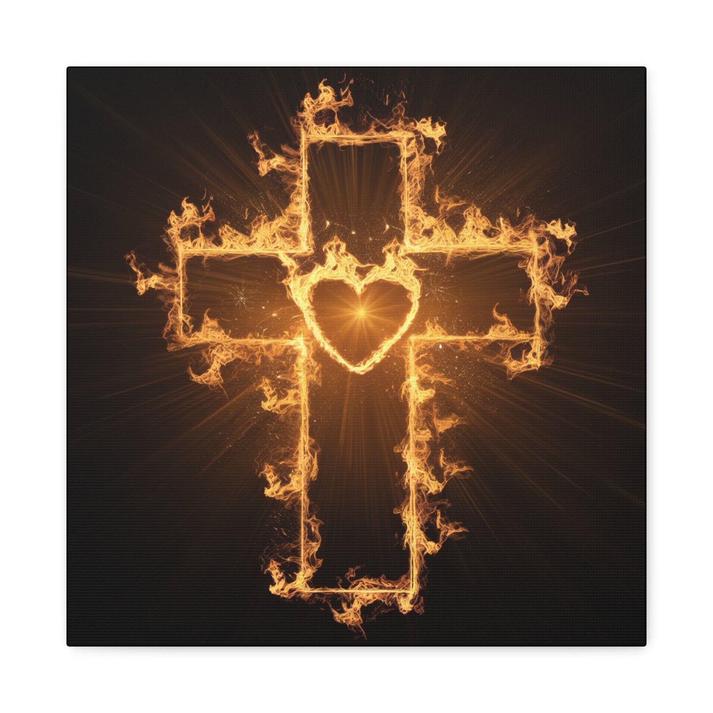 Flaming Heart and Cross Christian Wall Art Canvas