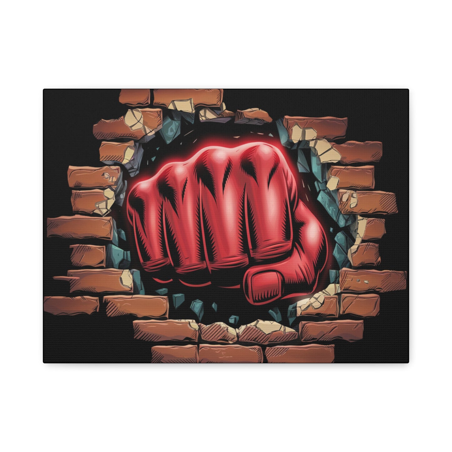 Canvas Wall Art - Red Fist Smashing Through Wall