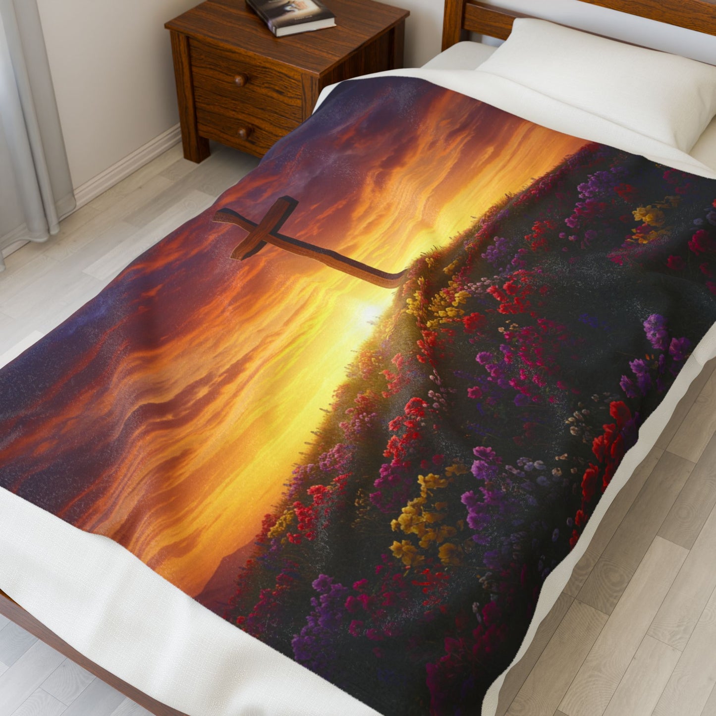 Velveteen Plush Blanket DaVinci Style Cross Hill Painting Christian Blanket Spiritual Decor Religious Throw Gift for Believers
