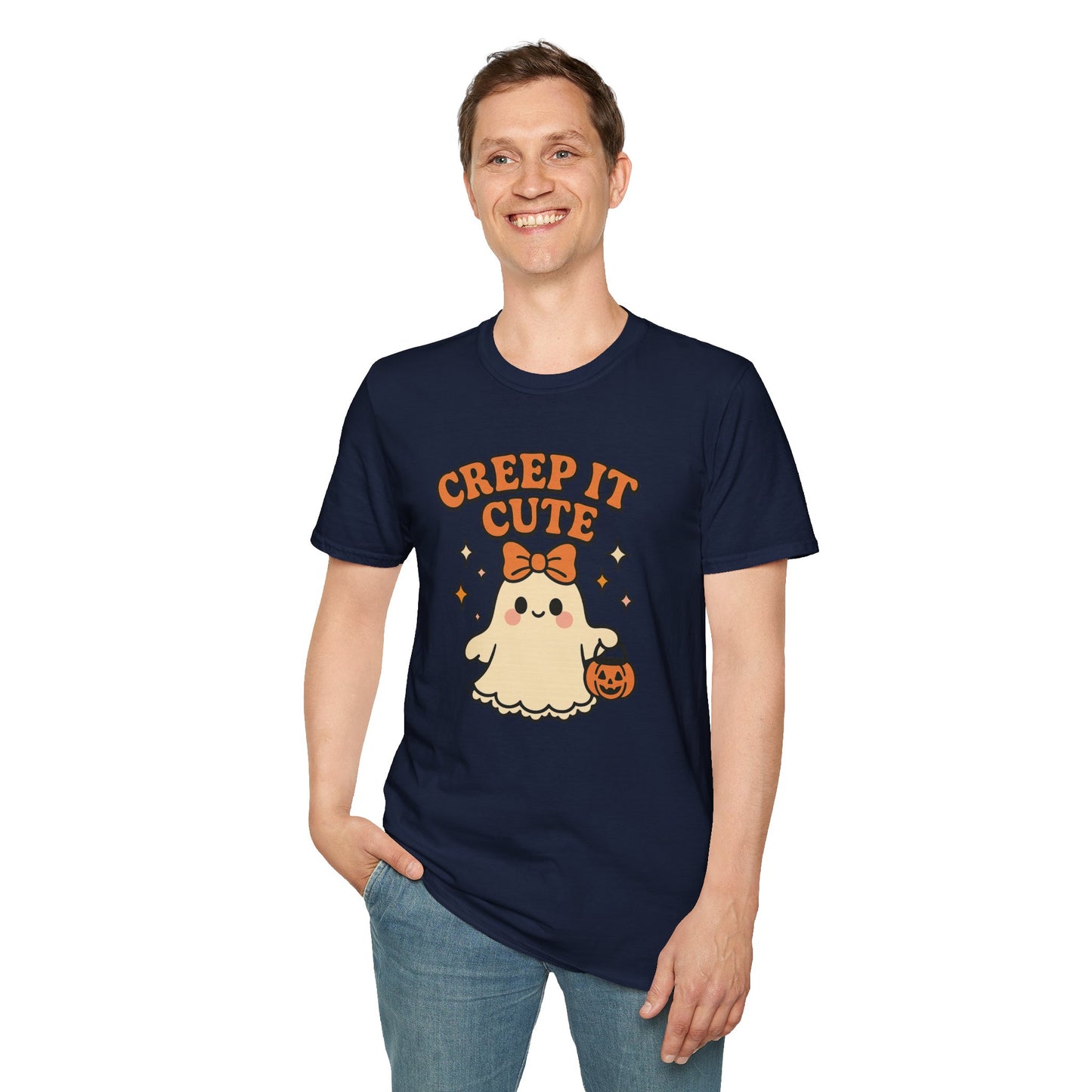 Creep It Cute Ghost Halloween Shirt - Kawaii Ghost Tee with Bow and Pumpkin, Spooky-Cute Fall Graphic T-Shirt, Spooky Season Halloween Top