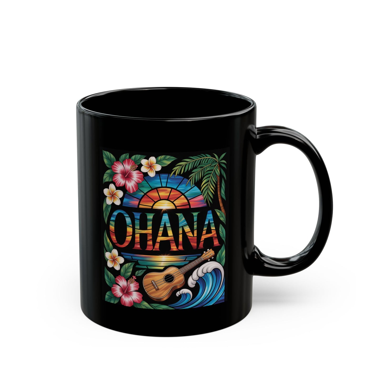 Ohana Mug Hawaiian Coffee Cup Tropical Sunset, Hibiscus Flowers, Ukulele, Aloha Gift