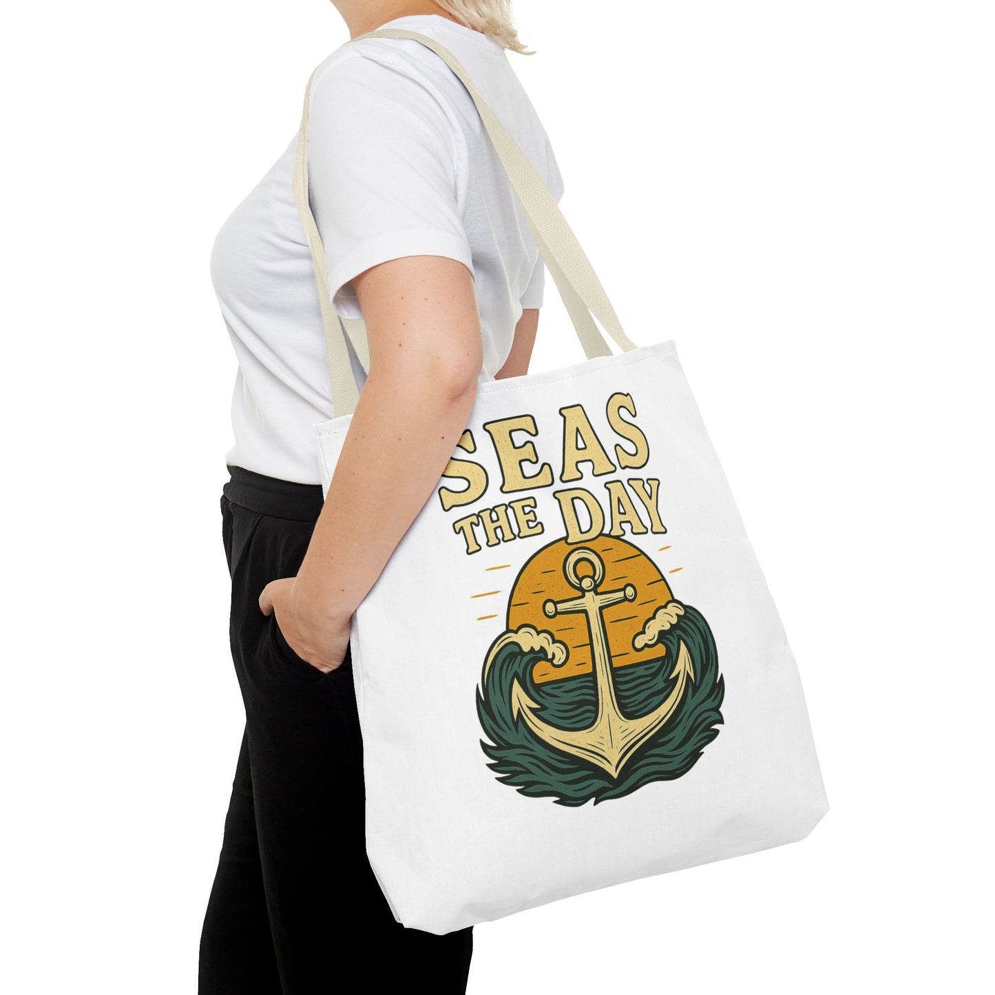 "Seas the Day" Nautical Tote Bag – Funny Beach Quote Canvas Bag with Anchor | Coastal Gift Idea for Summer, Travel, or Daily Use