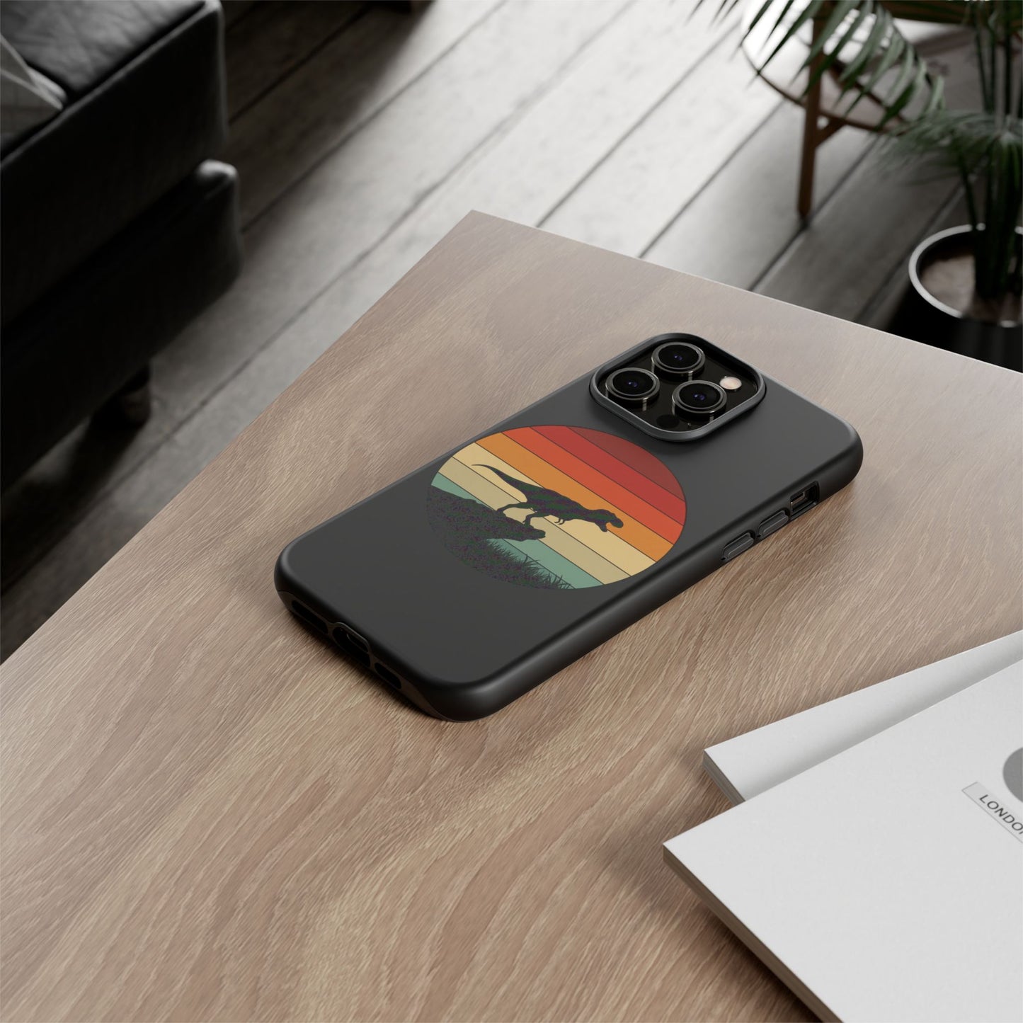 Retro Sunset Dinosaur iPhone Case | T‑Rex Silhouette Vintage Phone Cover for iPhone 14/15/16 Pro | Aesthetic Dinosaur Gift