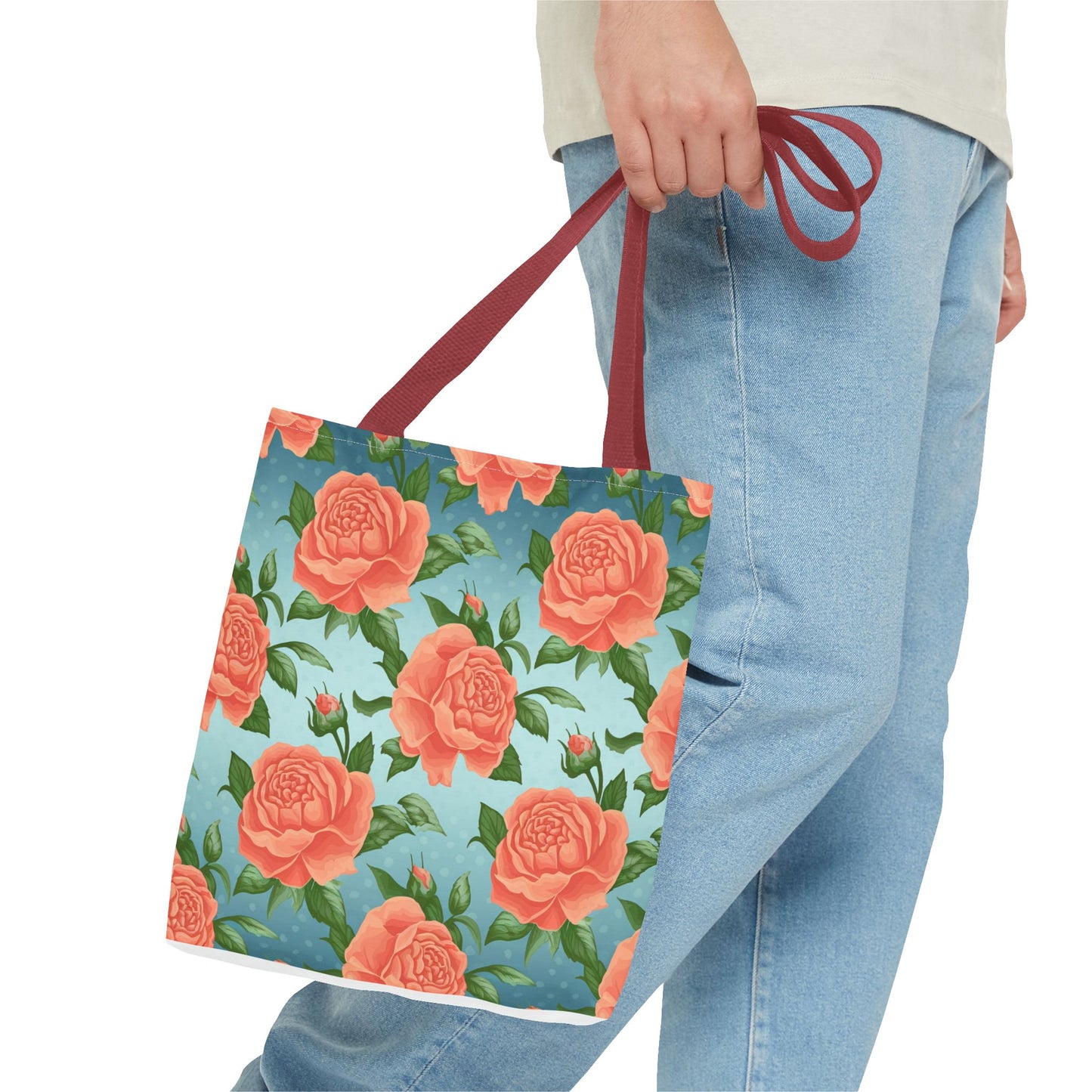 Vintage Floral Tote Bag – Coral Rose Pattern on Blue Background – Aesthetic Everyday Carry Bag – Reusable Fabric Market Tote Gift