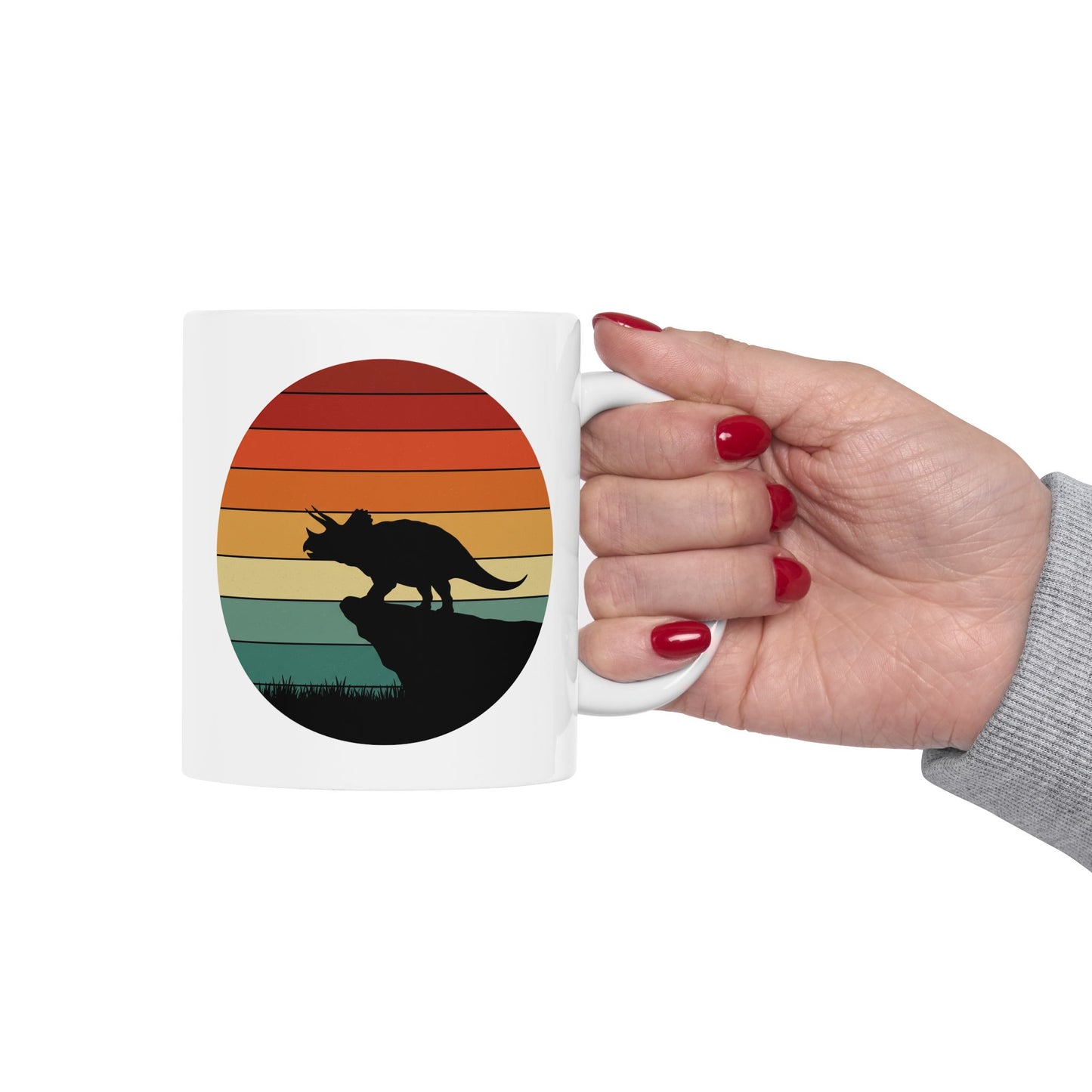 Dinosaur Sunset Mug - Triceratops Retro Coffee Cup - 80s Vintage Dino Mug Gift - Prehistoric Art Mug - Funny Dino Lover Gift 11oz or 15oz