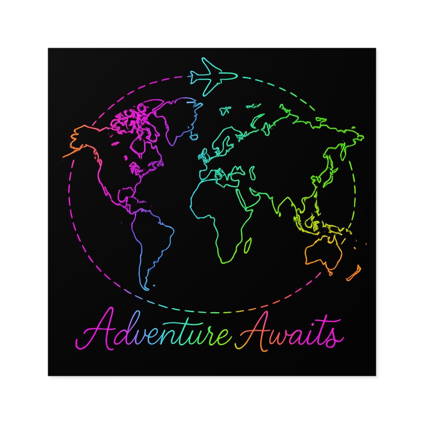 Adventure Awaits Neon Travel Sticker - Y2K Rainbow World Map Vinyl Decal for Luggage, Laptop and Water Bottle - Wanderlust Aesthetic