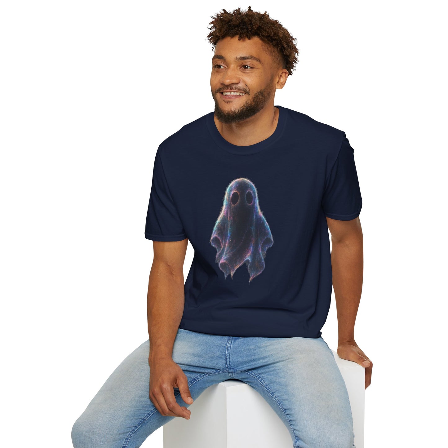 Ethereal Neon Ghost Tee - Iridescent Ghost Graphic T-Shirt, Spooky Aesthetic Halloween Shirt, Vibrant Vaporwave Ghost Tee for Fall