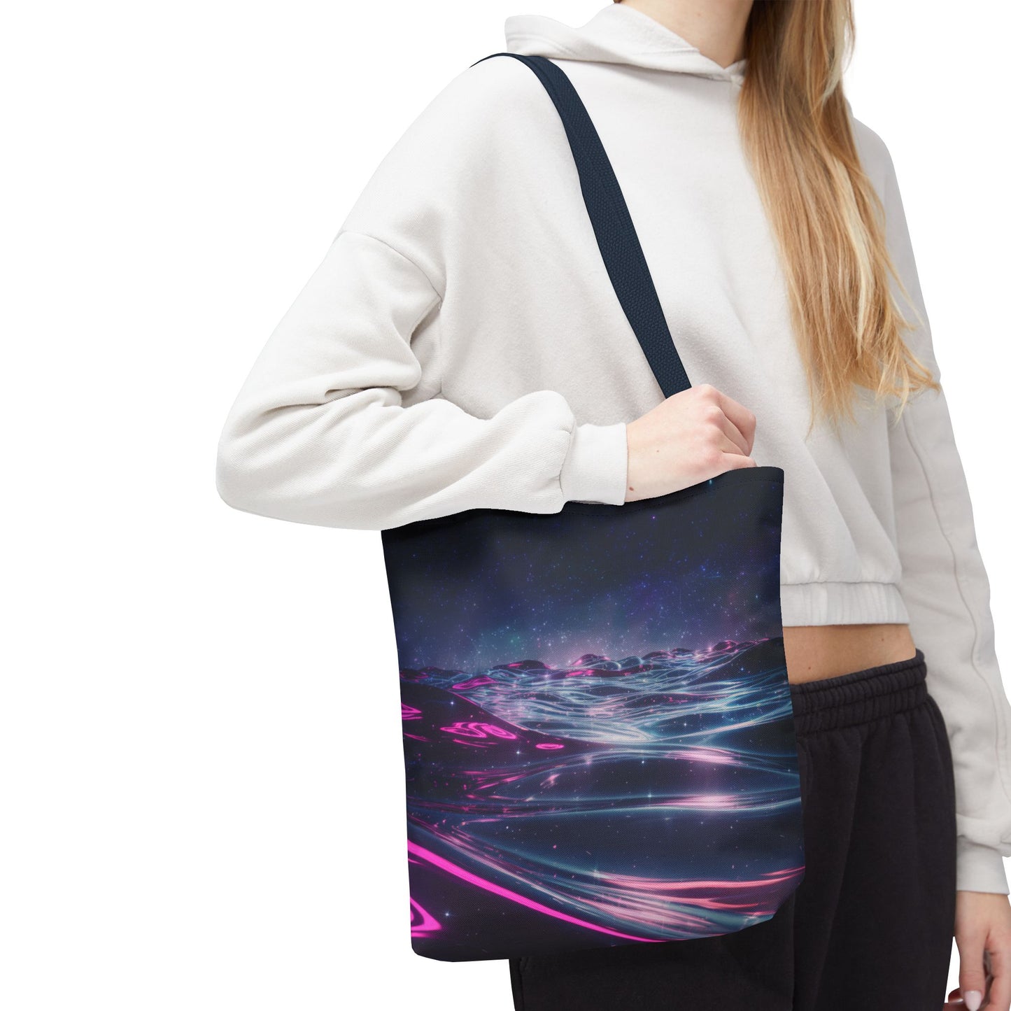 Neon Wave Horizon Tote Bag, Futuristic Ocean Design With Pink And Blue Light, Sci-Fi Aesthetic Reusable Tote For Travel, Gifts, And Everyday Use