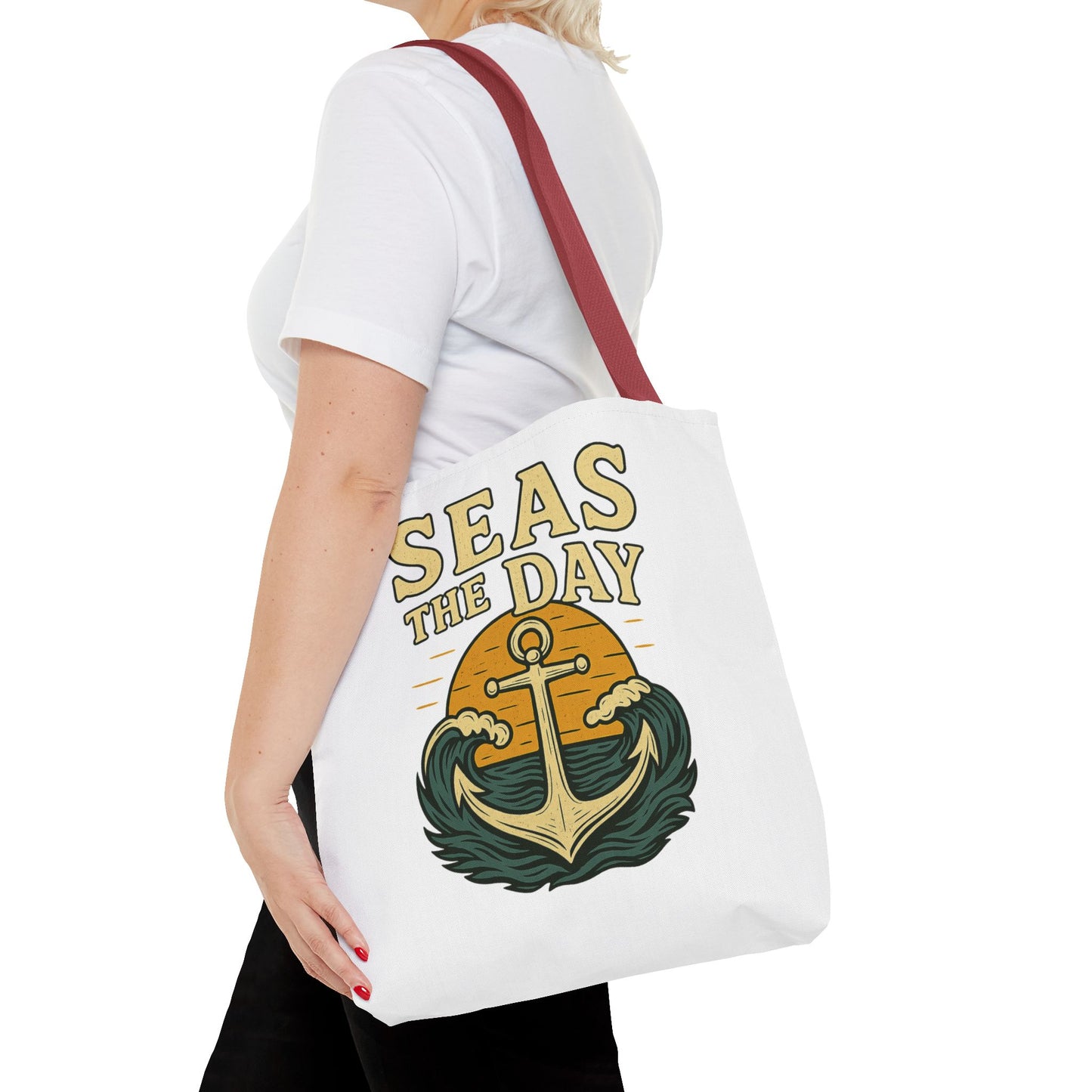 "Seas the Day" Nautical Tote Bag – Funny Beach Quote Canvas Bag with Anchor | Coastal Gift Idea for Summer, Travel, or Daily Use