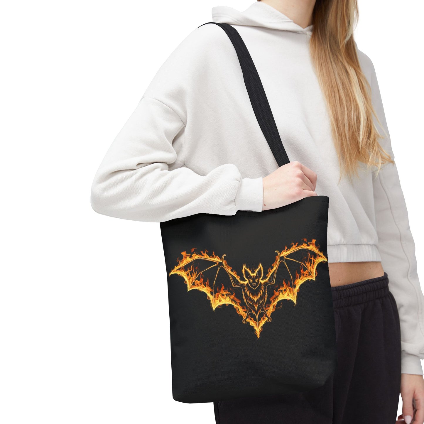Flaming Bat Tote Bag, Gothic Halloween Canvas Tote, Fiery Wing Bat Design Tote, Spooky Season Accessory, Gothic Gift Tote