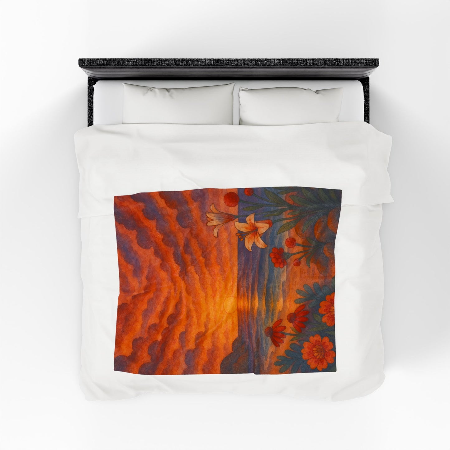 Sunset Floral Blanket – Cozy Beach Sunset Throw with Flowers | Colorful Velveteen Plush Blanket for Couch, Bed, or Gift