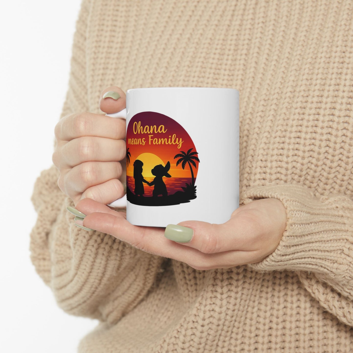 Ohana Means Family Mug – Cute Hawaiian Coffee Cup, Tropical Sunset Gift, Family Inspired Mug for Mom, Wife, or Best Friend