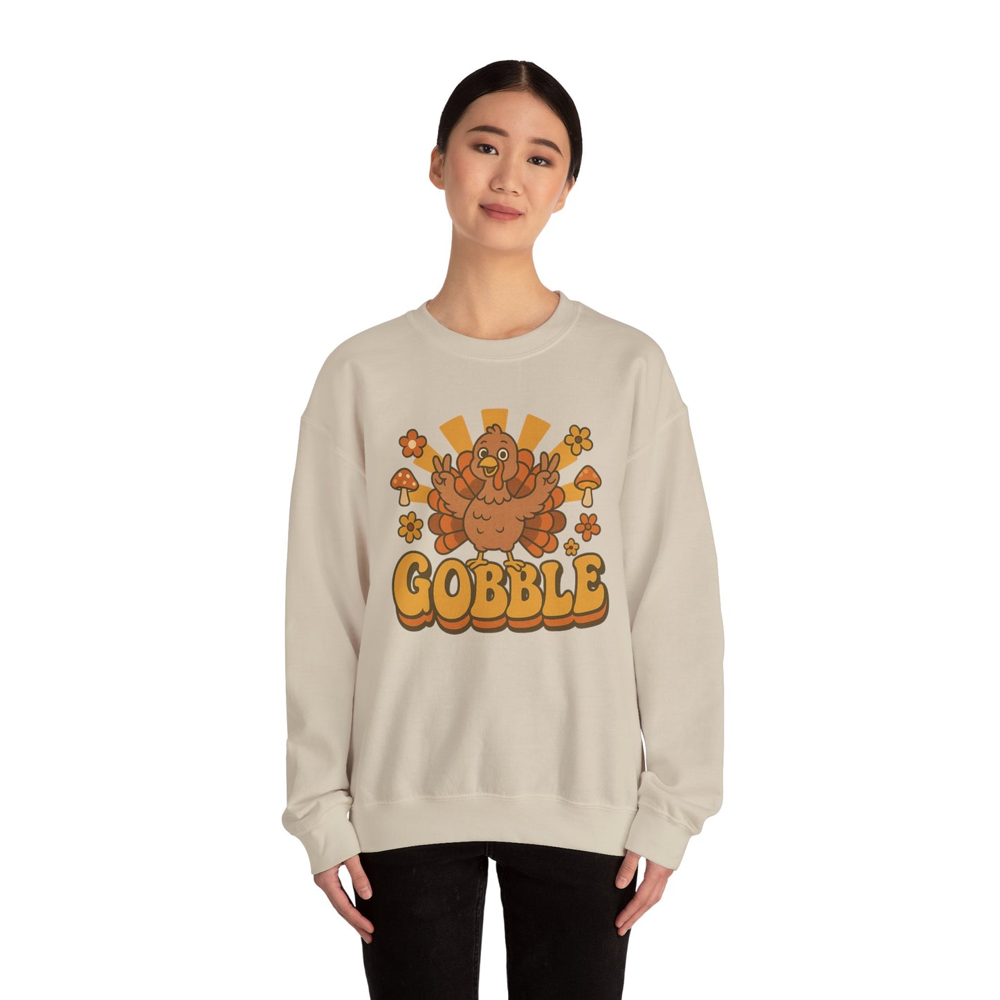 Gobble Turkey Sweatshirt, Retro Fall Turkey Crewneck, Thanksgiving Graphic Pullover, Autumn Mushroom & Flower Design, Cozy Fall Top