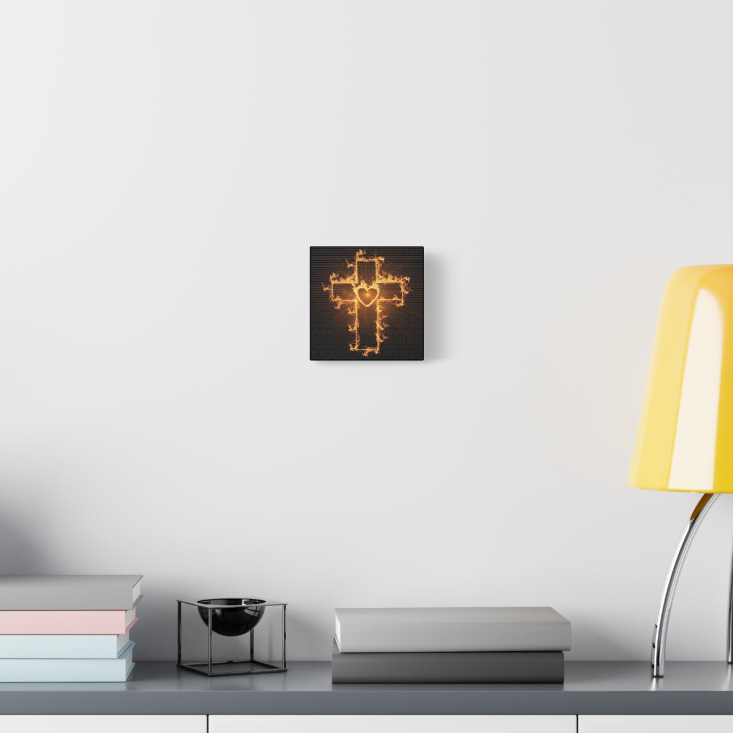 Flaming Heart and Cross Christian Wall Art Canvas