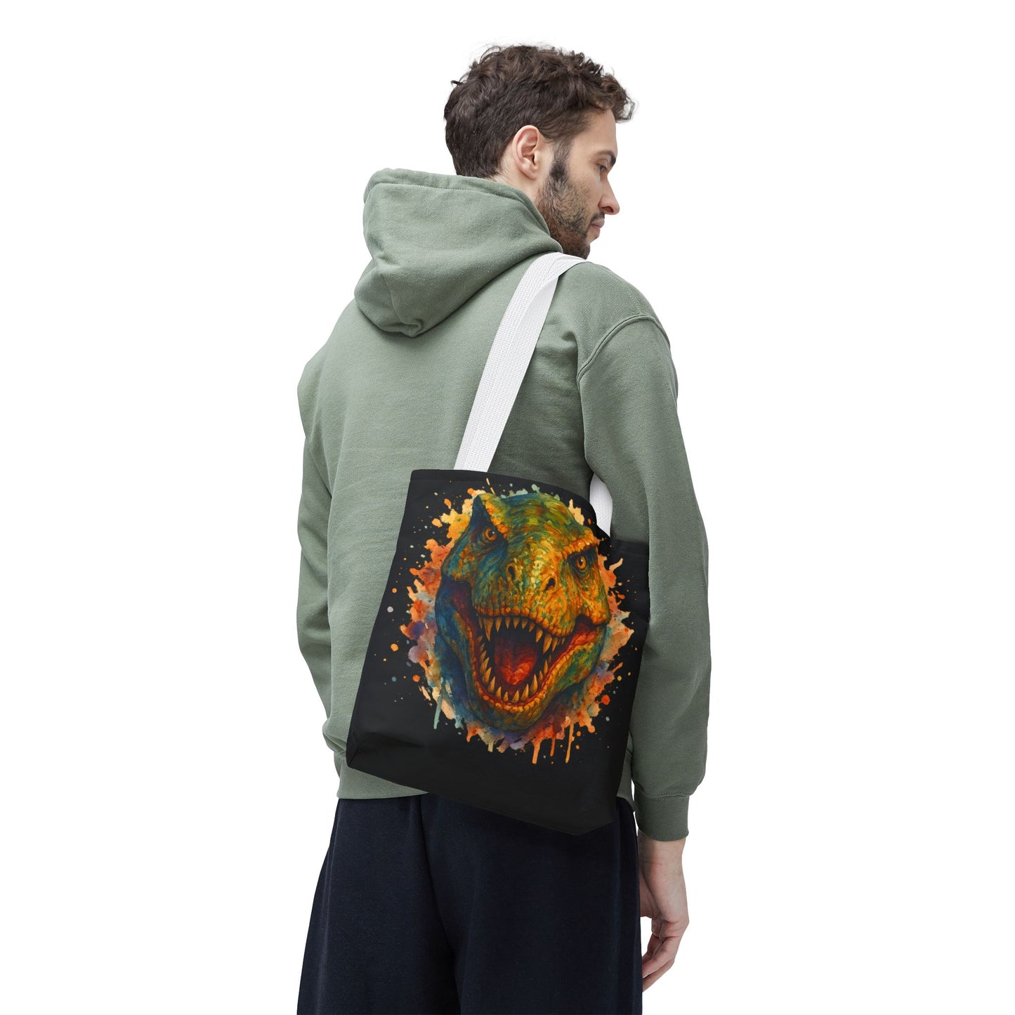 T-Rex Watercolor Tote Bag - 100% Polyester Canvas, Vibrant Dinosaur Art Bag, Reusable Beach-Market Tote, Dino Lover Gift, Bold Style