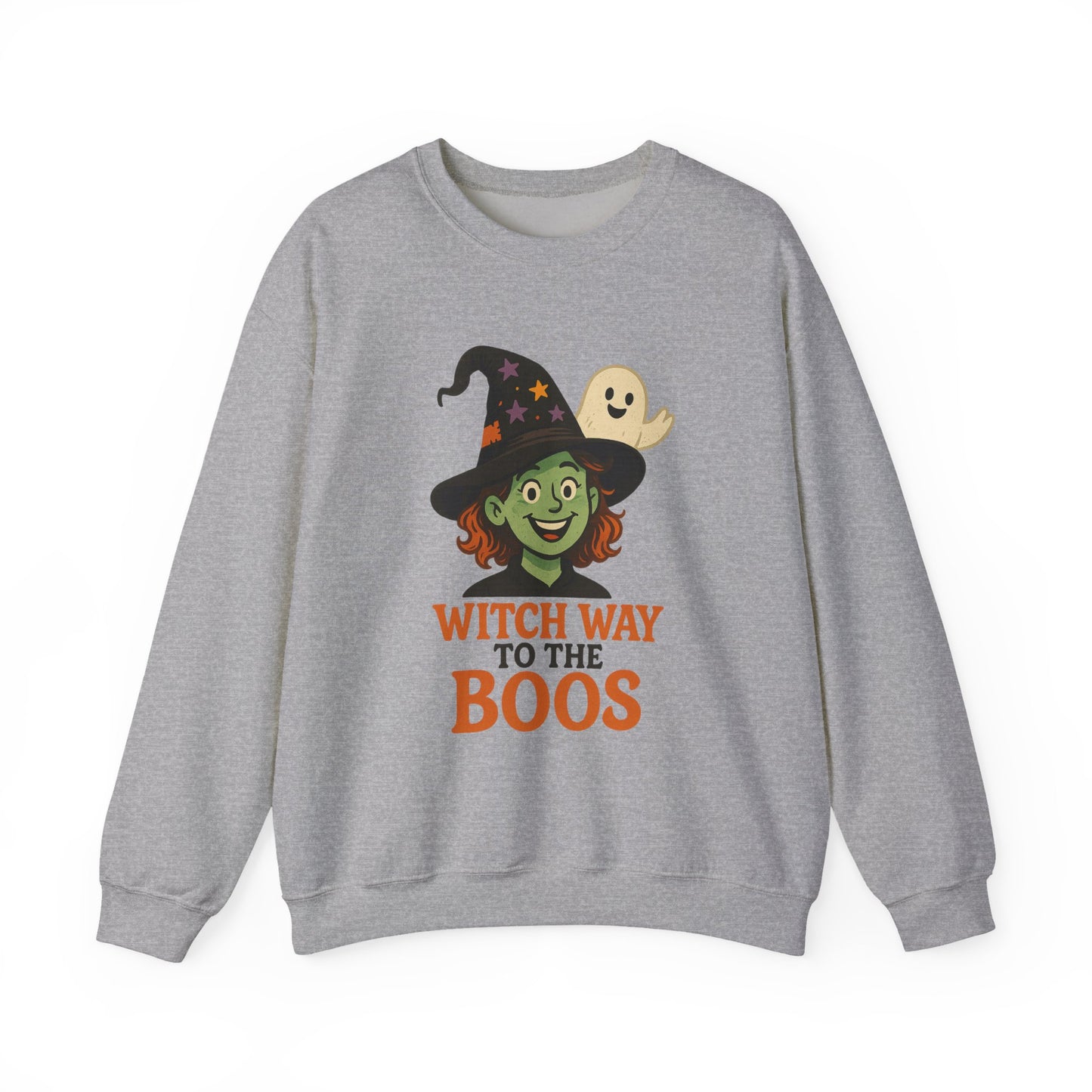 Witch Way To The Boos Sweatshirt, Funny Witch Halloween Crewneck, Witchy Ghost Sweatshirt, Spooky Season Graphic Pullover, Lighthearted Halloween Wear