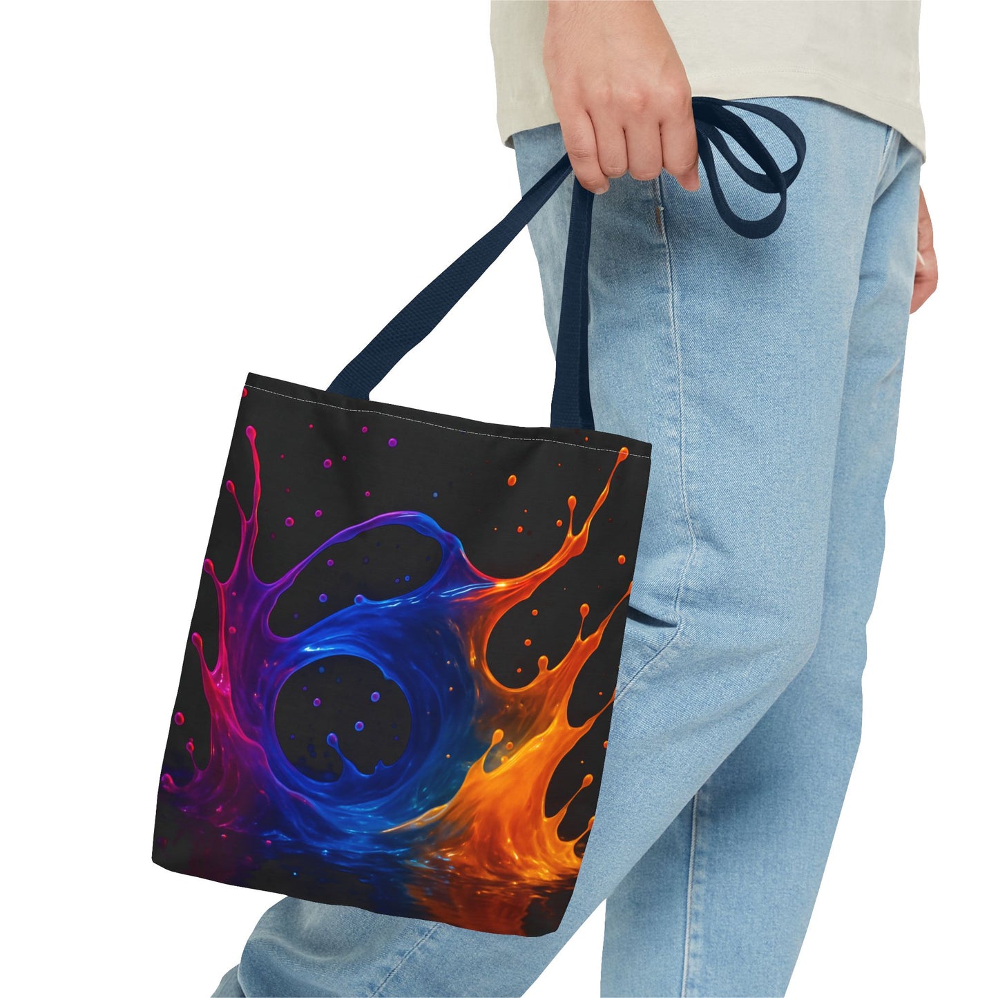 Elemental Fusion Tote Bag, Fire And Water Abstract Art Design, Vibrant Blue And Orange Splash Reusable Tote For Artists, Travel, And Everyday Use